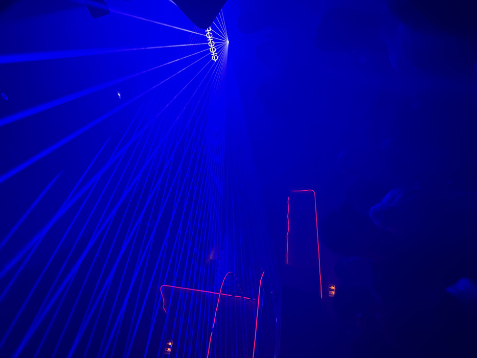 The scene depicts the interior of the Elegant Club Paris, located at 23 Rue Tiquetonne, 75002 Paris, France. The environment is dark and hazy, illuminated primarily by multiple blue laser beams that fan out from a source on the right, projecting a stylized "elegant" logo. Intermittent red laser lines trace abstract shapes across the left side and lower areas of the room. Silhouettes of numerous individuals are visible in the foreground and midground, indicating a crowd within the venue. Two partially visible emergency exit signs, featuring red figures on a white background, are mounted on the left wall. No specific actions or interactions between individuals are discernible.