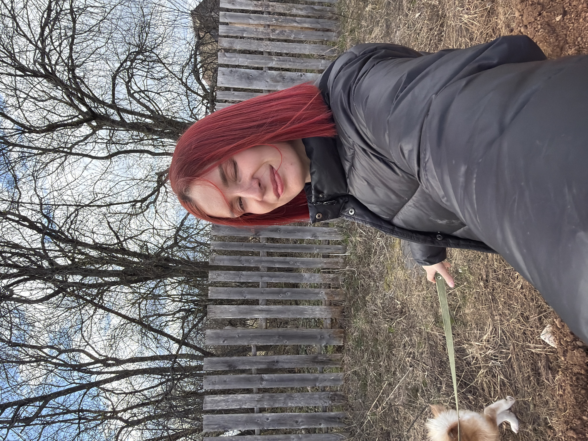 A woman with red hair, wearing a black puffer jacket, is holding a green leash attached to a small, light-colored dog. They are in an outdoor area in Заболотово, Russia, where dry grass and bare ground are visible. A wooden fence and bare tree branches with a cloudy sky in the background are present.