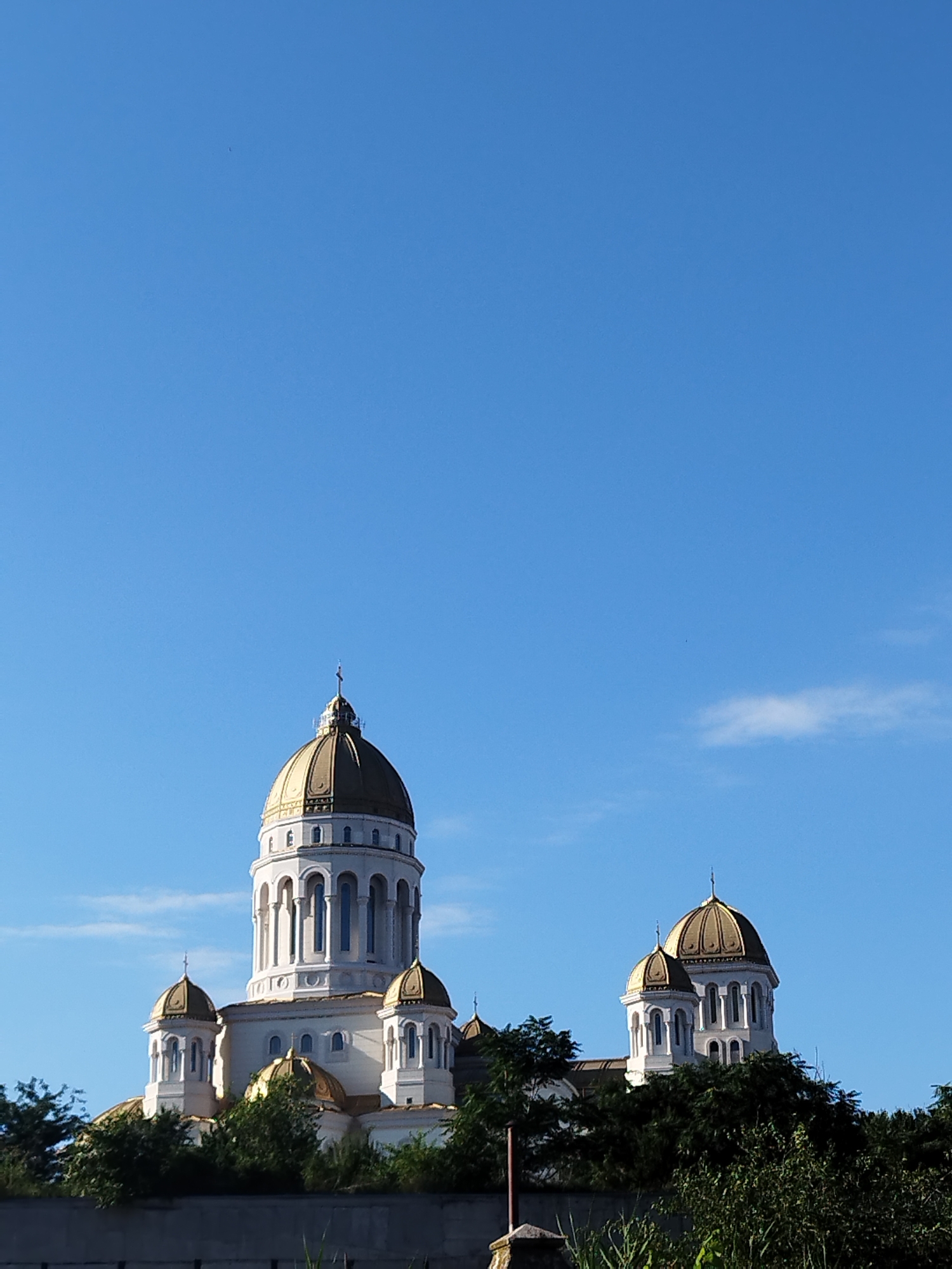 The image shows the majestic domes of a cathedral, likely the Cathedral of the Salvation of the Nation, in Bucharest, Romania. The cathedral is a large, white structure with multiple golden domes, the largest of which is prominently featured in the center of the image. Smaller domes surround the main one, and the building's architecture appears classical with arched windows and columns. The cathedral is partially obscured by lush green trees in the foreground, with their foliage creating a natural frame. The sky above is a clear, vibrant blue, with a few wispy clouds scattered across it. The lighting suggests it is a sunny day, casting a bright glow on the cathedral and its golden accents. The overall scene conveys a sense of grandeur and serenity, with the imposing architecture of the cathedral set against the natural beauty of the trees and the expansive sky.
