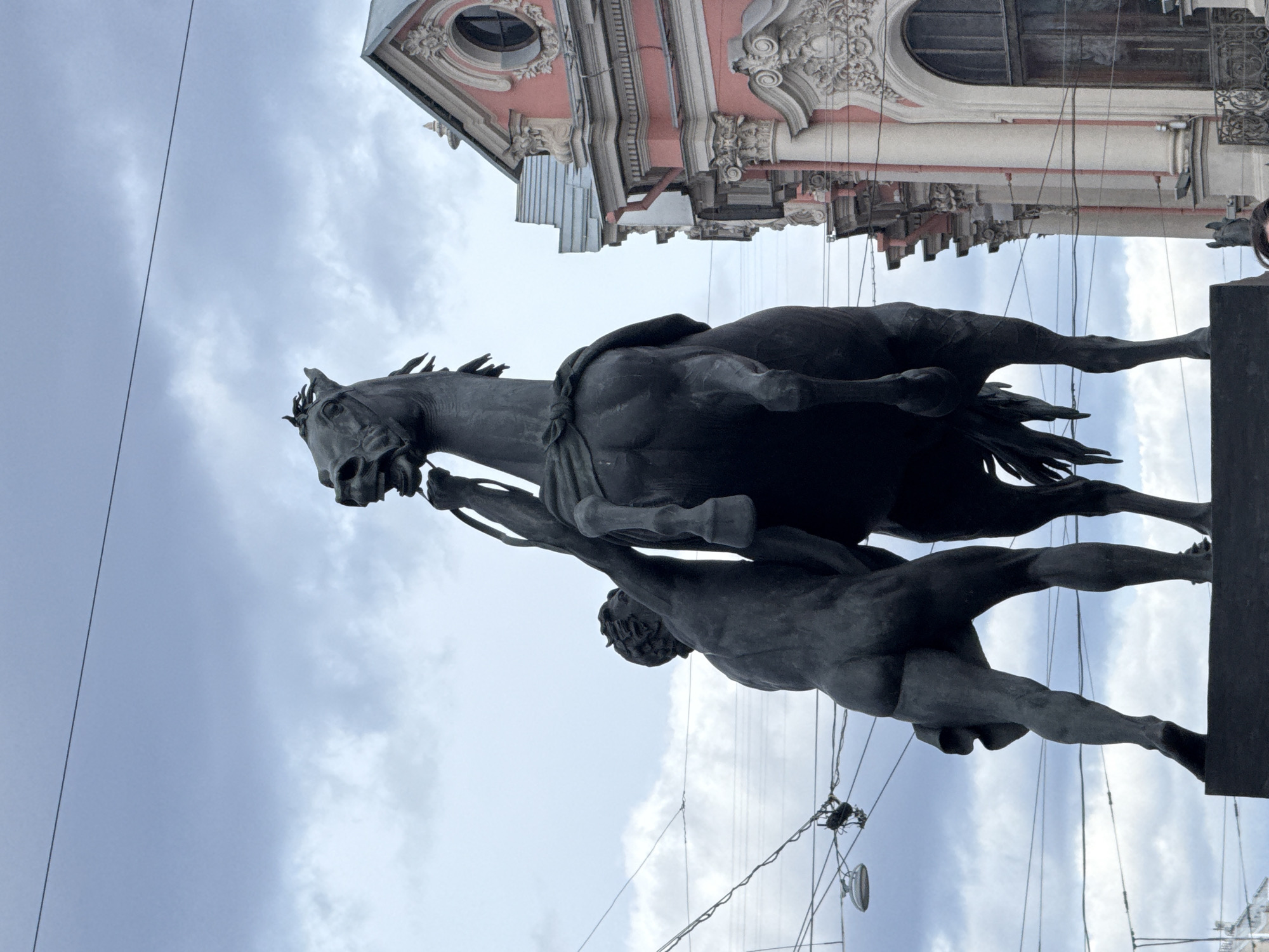 An outdoor, low-angle shot captures a dramatic bronze or dark stone equestrian statue set against a cloudy sky and an ornate building facade. The statue depicts a powerful, rearing horse with its front legs elevated, its head turned to the left, and a flowing mane. Beneath the horse, a muscular, nude man grapples with it, holding onto a bridle or rope, seemingly in the act of taming or subduing the wild animal. The man's body is tensed, conveying a struggle.
In the upper background, the intricate details of an architectural structure are visible. The building features a light pink facade with elaborate white baroque or rococo ornamentation, including decorative columns, cornices, and an arched window. Overhead, utility wires crisscross the frame against the grey, overcast sky. The weather appears to be daytime but cloudy.
This specific style of statue, showing a man taming a horse, is characteristic of the Horse Tamers statues (by Peter Clodt von Jürgensburg) found on the Anichkov Bridge in Saint Petersburg, Russia. The image captures the dynamic energy of the sculpture against its urban, historic backdrop. No discernible text is visible in the frame.