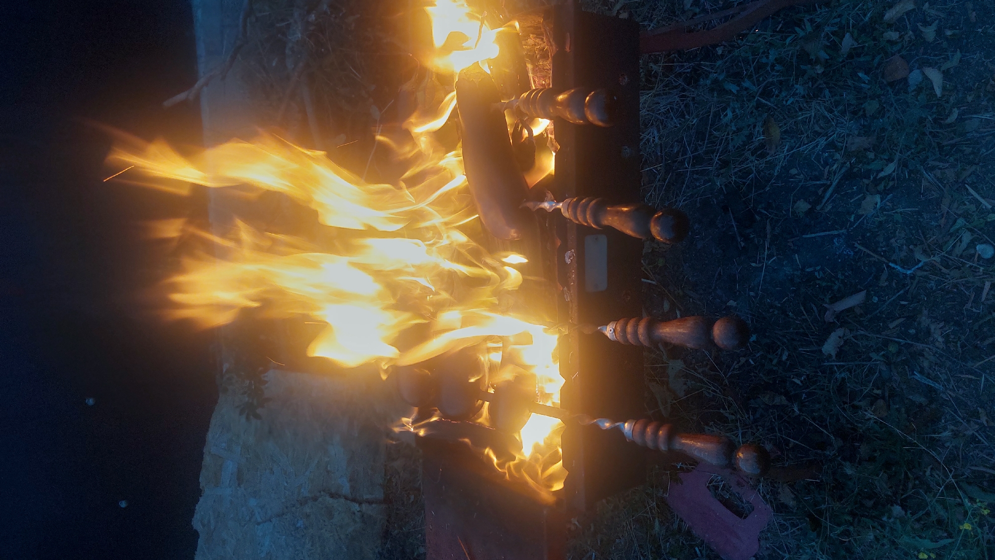 In this nighttime image, a grill with several sausages roasting over a fire is set against a dark, grassy backdrop. The fire is the dominant element, with vibrant orange and yellow flames licking upwards, obscuring much of the surrounding detail. The sausages, speared on metal rods with wooden handles, are partially visible through the flames. The grill itself is a dark, rectangular metal structure. The scene is set outdoors, with dry grass and scattered leaves visible on the ground, suggesting an evening in a rural or natural setting. The overall mood is warm and inviting, conveying a sense of casual outdoor cooking and relaxation. There is no visible text in the image.