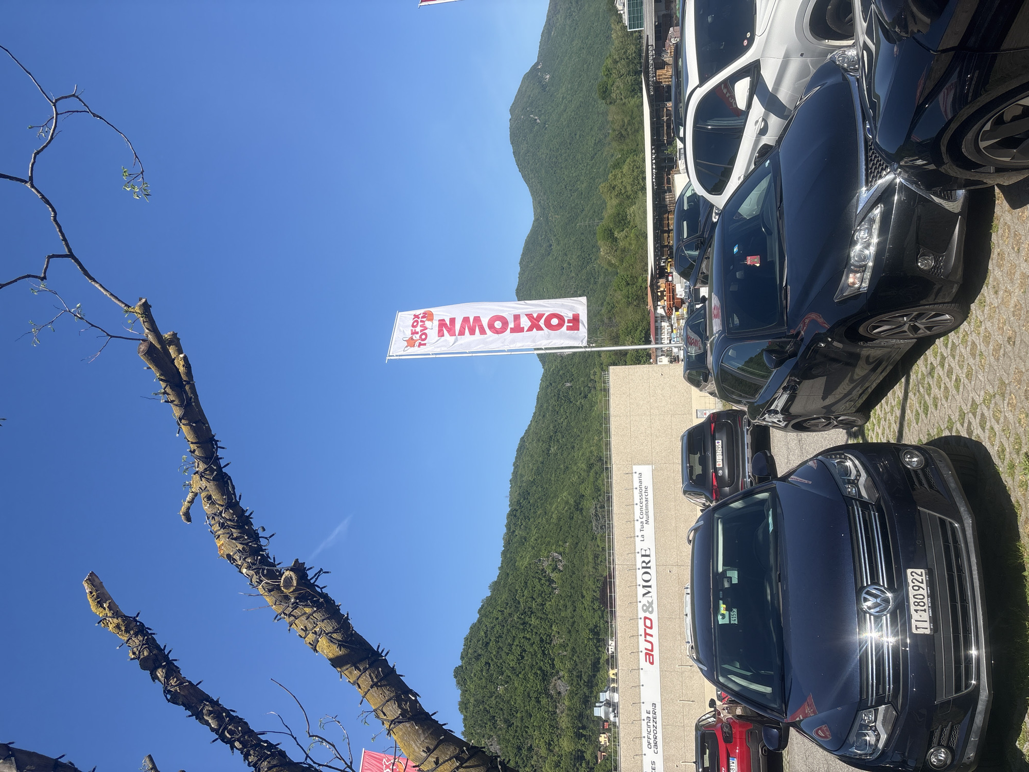 The image shows a view in Mendrisio, Switzerland. In the foreground is a dry tree with some vines and wires around it. A FOXTOWN banner is visible, indicating the presence of the FOXTOWN outlet mall. The background features mountains and a clear blue sky. Parked cars fill the area with a sign on the side of a building reads "AUTO & MORE La Tua Concessionaria Multimarche OFFICINA E CARROZZERIA". Several license plates are visible on cars, including "TI-180922" and "TI-17295".