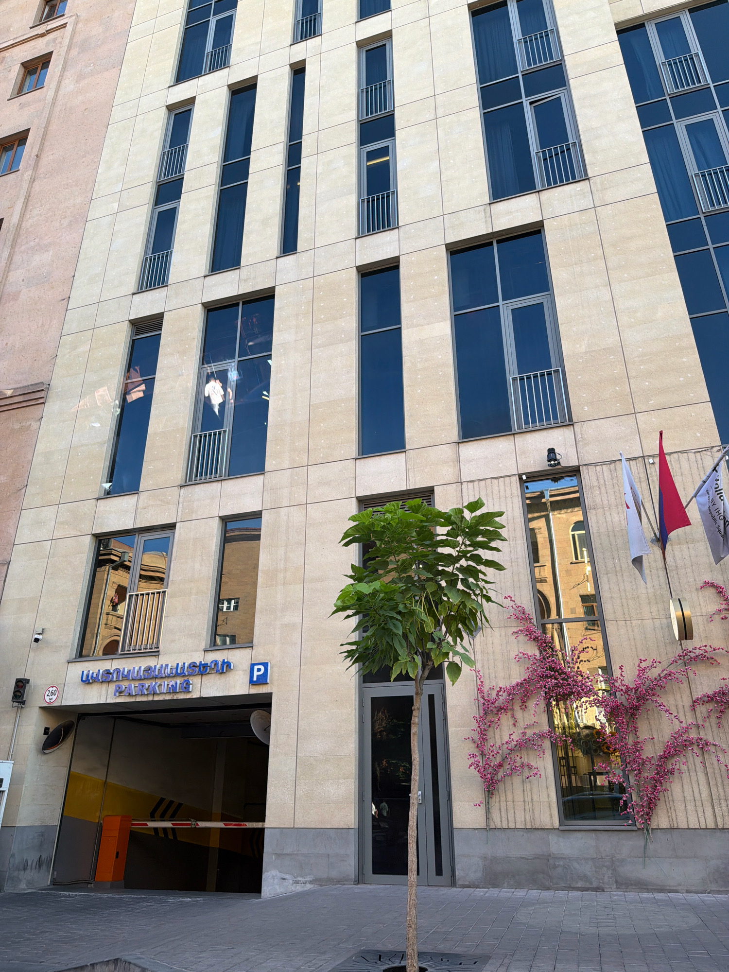 The image shows the entrance to a parking garage in Yerevan, Armenia, located on a modern building with a beige facade. The entrance features an orange and yellow striped barrier gate. Above the entrance, the word "PARKING" is visible in English, alongside Armenian text and a blue parking sign. To the right of the entrance, a small tree stands with thin branches, and decorative pink flowers are growing up the side of the building, partially covering windows. In the upper right corner, three flags are displayed, one of which is the Armenian flag. The overall scene depicts a street-level view of a commercial building with an integrated parking facility.