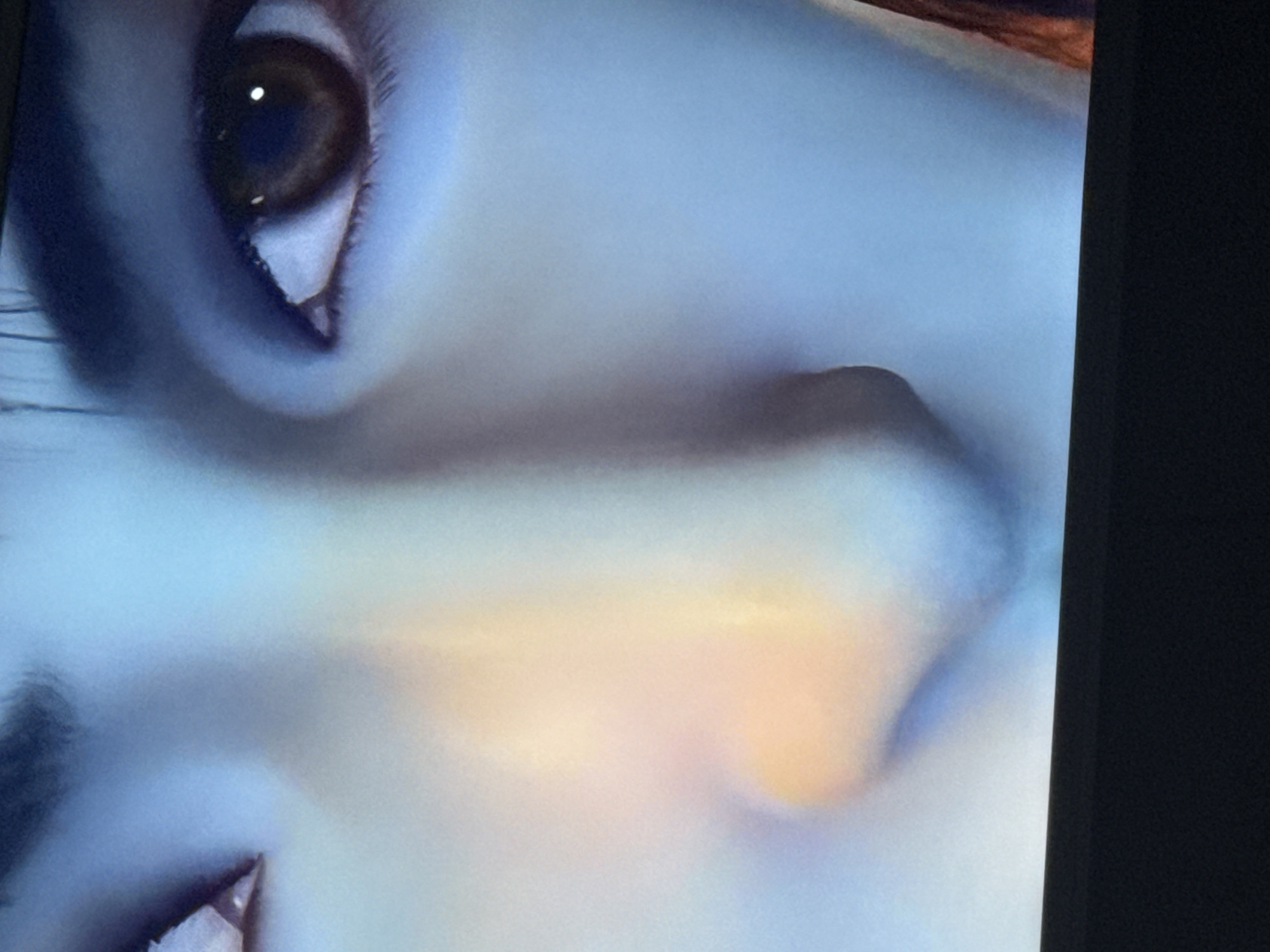 The image shows a close-up of a person's face, specifically the eye, nose, and part of the lower face. The skin tone is bluish-white, with a yellow hue on the nose. The eye has a brown iris. The image appears to be a digitally rendered or heavily filtered photograph. It is impossible to determine the location of the subject as Mytishchi, Russia based on the visual information.