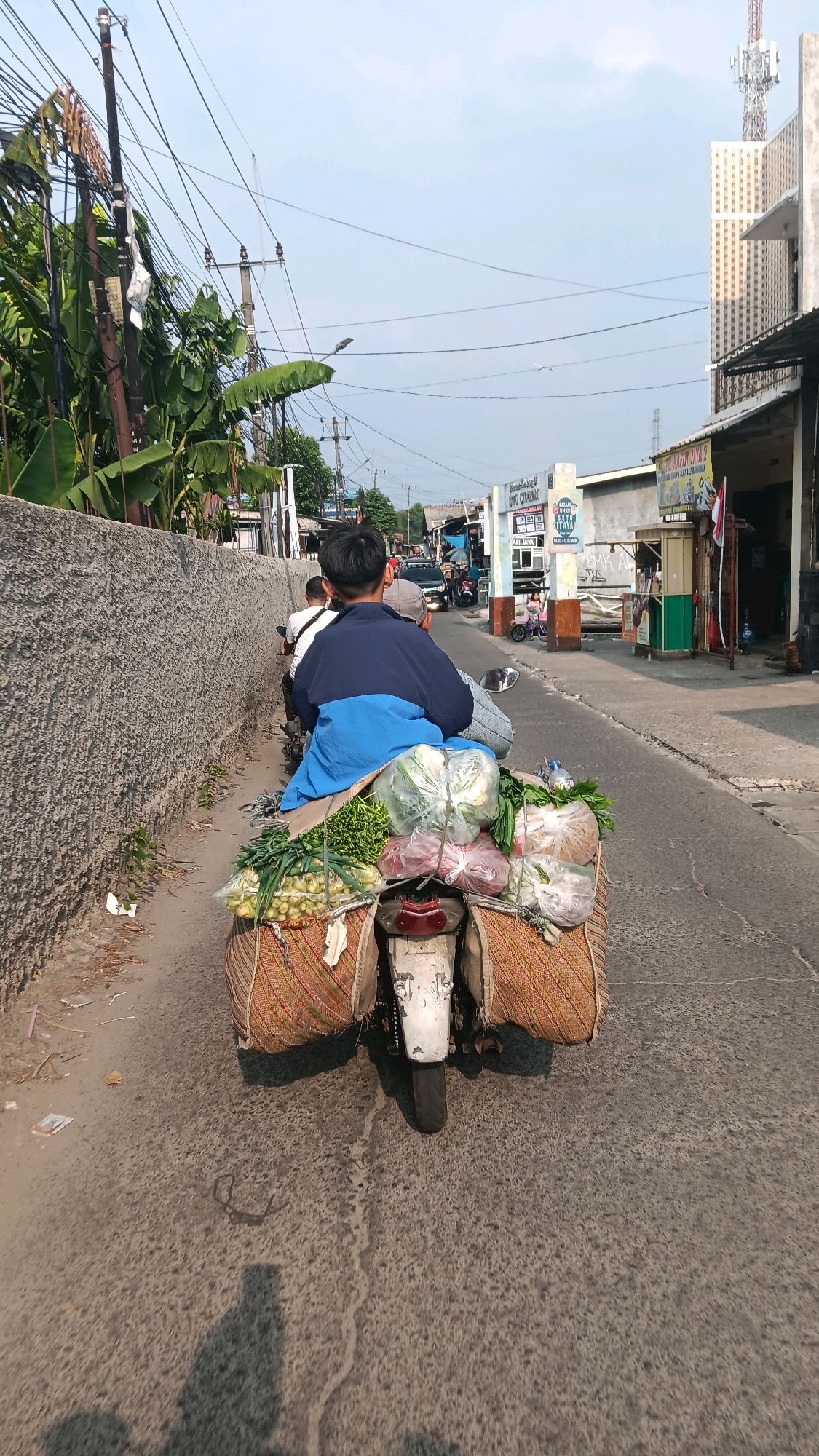 A person rides a motorcycle loaded with produce through a street in Depok, Indonesia. The individual, seen from behind, wears a dark blue and light blue jacket. The motorcycle's rear is adorned with woven bags filled with vegetables, including green leafy items, onions, and other produce wrapped in plastic. The street is paved and appears to be a moderately busy area, with other vehicles and buildings lining the sides. Power lines are visible overhead, and a concrete wall runs along the left side of the road. A cell tower is visible in the distance. The scene depicts everyday commerce and transportation in an urban Indonesian setting.