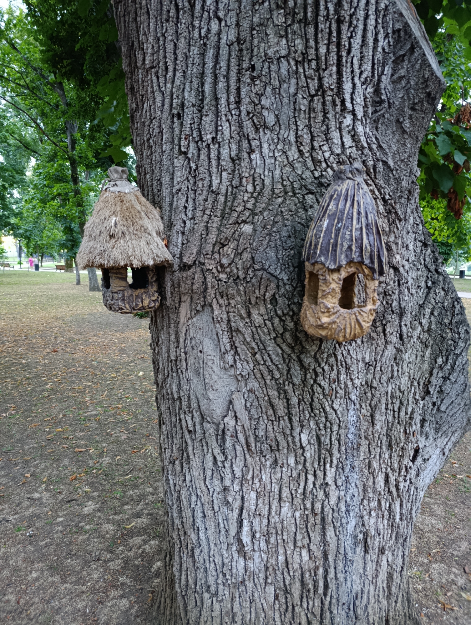 A close-up, eye-level shot shows two decorative birdhouses attached to a thick, textured tree trunk in a park. The tree trunk dominates the foreground, its rough bark displaying intricate patterns of gray and brown. On the left side of the trunk, a birdhouse with a thatched roof and a stone-like body is visible. On the right side, another birdhouse, made of a darker material with a ribbed, conical roof, is also attached to the tree. The birdhouses appear to be empty and ornamental. In the background, a blurred park setting is evident, with scattered fallen leaves on the ground, green trees, and hints of park benches and distant figures, suggesting an outdoor environment. The lighting is natural and diffused, indicating it is daytime.
