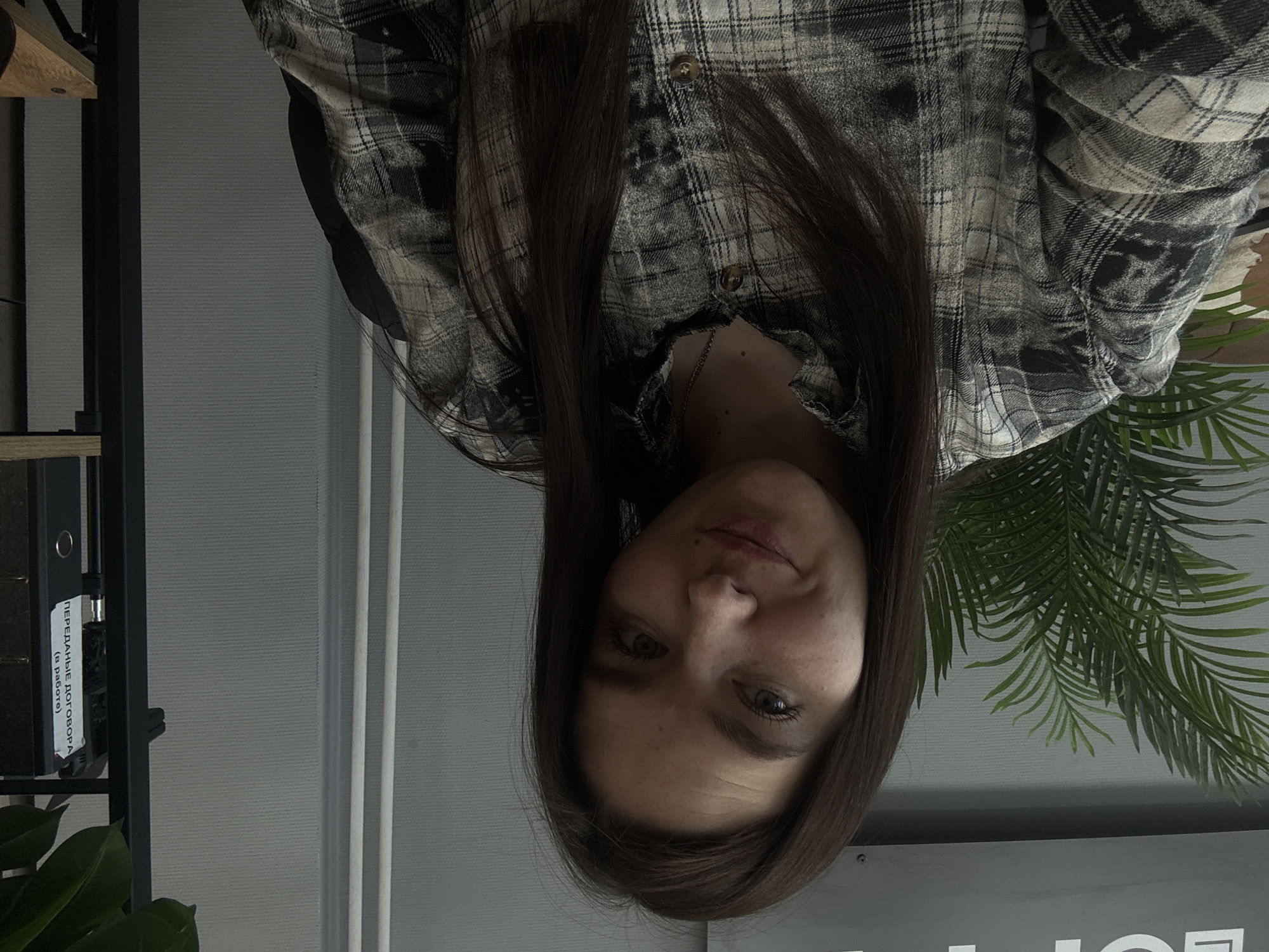 The original image displays a young woman looking directly at the camera. Her long, dark brown hair flows downwards from her head, which is positioned towards the bottom of the frame due to the image being inverted. She has light-colored eyes and a subtle, relaxed smile. She is wearing a button-up flannel shirt with a plaid pattern in shades of black, grey, and off-white/beige. A thin gold chain necklace is visible around her neck, peeking out from below the collar of her shirt.
The setting appears to be indoors, likely an office or a home office in Chaikovsky, Russia. In the background, to the left of the woman (as the image is oriented), a dark metal shelving unit is visible. On one shelf, a dark binder or folder is present, featuring a white label with Russian text. The text reads: "ПЕРЕДАННЫЕ ДОГОВОРА (в работе)", which translates to "TRANSFERRED CONTRACTS (in progress)". Below the shelf, green leaves of a plant are visible. To the right of the woman, a large, leafy green plant (possibly a houseplant) fills part of the background, partially obscuring a light-colored, textured wall or window blinds. The lighting in the image is soft and even. The activity is the woman posing for a photograph.