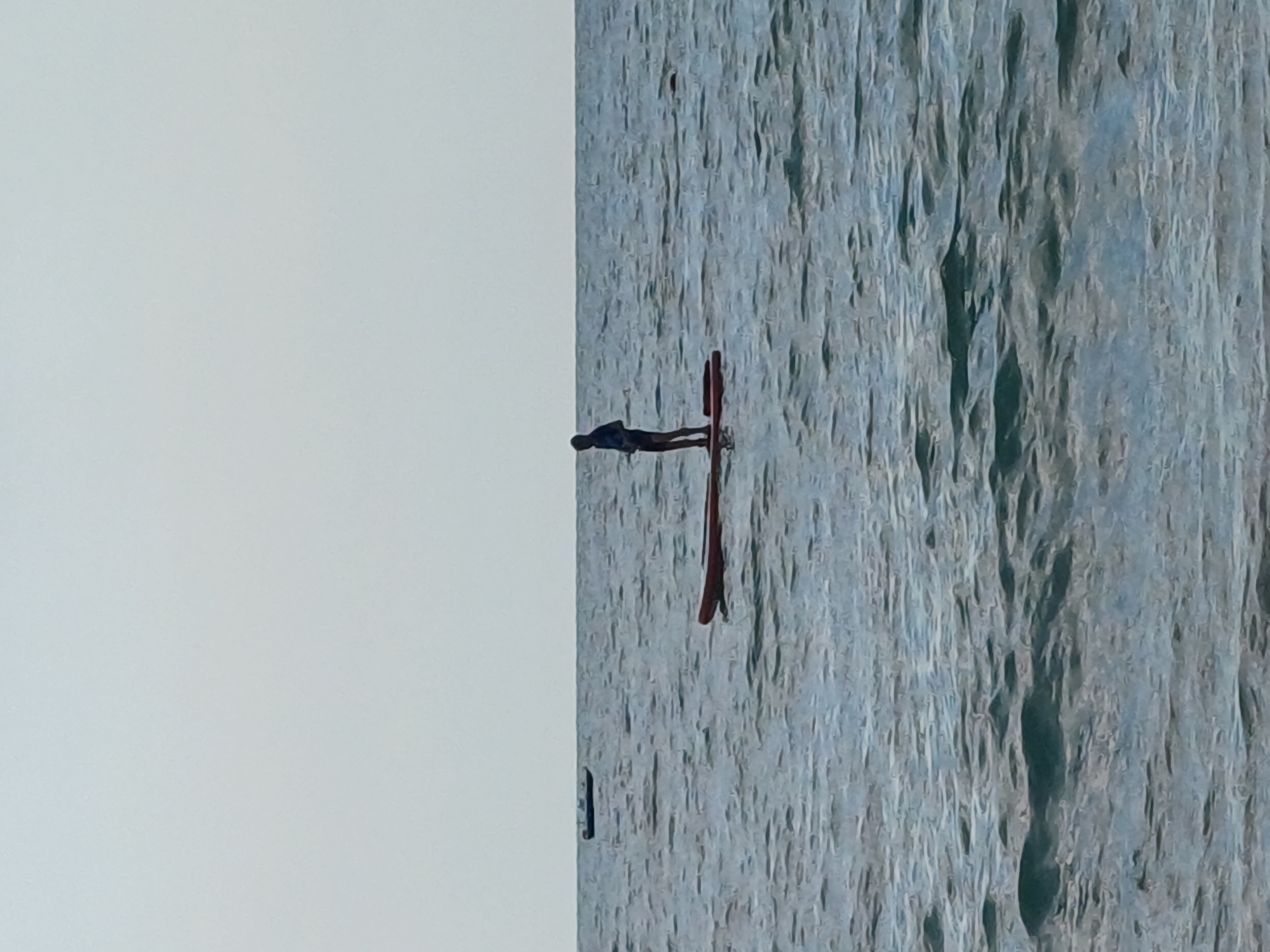 The media file captures a still image of a ski jumper mid-air, appearing to be in the process of executing a jump. The jumper is a person in a dark uniform, positioned horizontally with their skis extended. The skis are predominantly red.
The scene is dominated by two distinct areas. On the left, there is a large expanse of a plain, light-colored background, possibly sky or a studio backdrop, which is out of focus. On the right, the background is a textured, vertical surface that resembles a frozen waterfall or a glacier. This surface is a mosaic of blues, grays, and whites, with deep shadows and highlights that suggest an icy or rocky texture, and it appears to be illuminated from the front.
The activity depicted is ski jumping, a sport that involves descending a ski jump ramp and then launching into the air. The image freezes a moment of flight, implying peak physical exertion and concentration from the athlete. There are no clear indicators of time of day or specific weather conditions, though the icy appearance of the background might hint at a cold environment. The overall impression is one of dynamic action and perhaps a sense of awe inspired by the athlete's aerial prowess against a stark, naturalistic backdrop. No text is visible in the image. The location context is Sochi, Russia, which is known for its winter sports facilities.