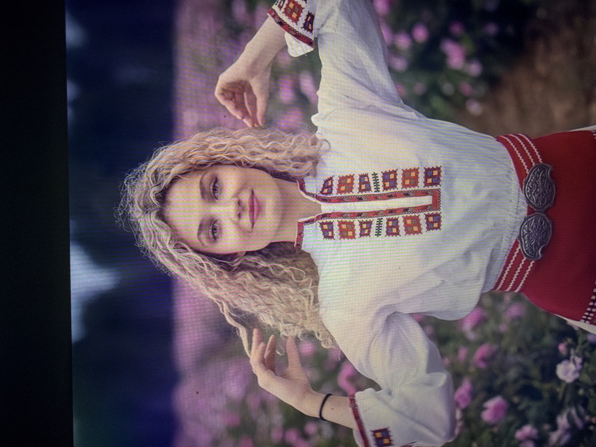 A young Caucasian female with blonde, curly hair, light eyes, and a fair complexion is depicted from the waist up, smiling directly at the viewer in a rose field located in Shumen, Bulgaria. She is wearing a white, long-sleeved traditional Bulgarian blouse featuring intricate geometric embroidery in red, white, yellow, and blue on the collar, central placket, and cuffs. Her lower garment is a red skirt, cinched at the waist by a red belt with three horizontal white woven lines. A prominent silver-toned, ornate belt buckle with two symmetrical halves, each bearing an intricate design, secures the belt. Her arms are raised, with her hands positioned near her head, fingers lightly touching her hair. A black elastic band is visible on her left wrist. The background consists of a dense field of pink roses in bloom, with a blurred dark horizon line above.