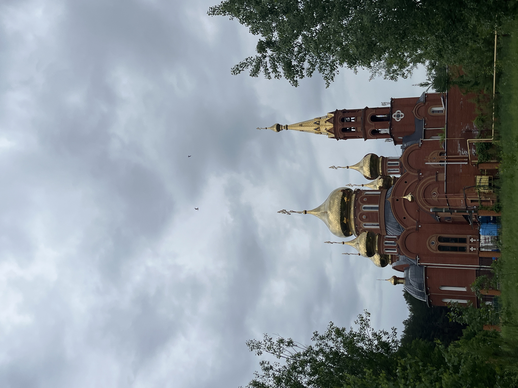 This daytime photograph, taken in Chaikovsky, Russia, features a large, red-brick Russian Orthodox church against an overcast, cloudy sky. The church, distinguished by its classic architectural style, dominates the right and central portions of the frame. It boasts multiple golden onion domes, each topped with a golden spire, and a prominent bell tower also adorned with a golden dome and spire.
The sky is a uniform, muted grey, indicating an overcast day. Two small, dark shapes, likely birds, are visible in flight in the upper-left quadrant of the sky. Lush green trees and foliage frame the top and bottom edges of the image, suggesting the church is situated within a natural or landscaped environment. The light is soft and diffused, characteristic of cloudy weather. No human activity or individuals are present in the scene, and there is no visible text on the building or in the surroundings. The image captures the grandeur of the religious structure in a serene, natural setting.