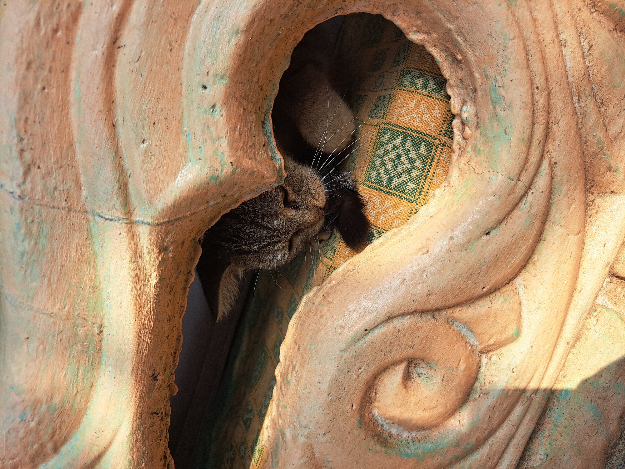 A tabby cat is curled up asleep inside a hollowed-out, decorative object made of clay. The object is a light brown color with hints of green and shows signs of weathering and cracking. The cat is nestled on a yellow and green patterned cloth, likely a cushion or blanket. The scene appears to be outdoors, with sunlight casting shadows. The location is Vypasne, Ukraine.