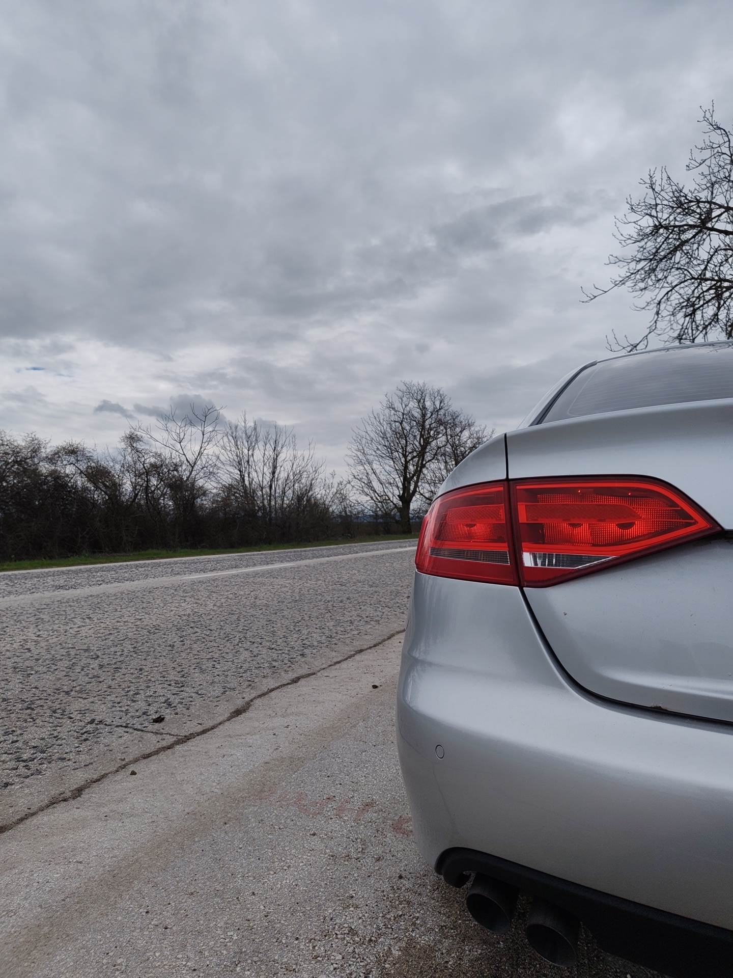 The image shows the rear of a silver sedan parked on the shoulder of a paved road. The car's right taillight is prominently featured. The road is cracked and worn, with a line indicating the edge of the paved surface. Beyond the road is a low-lying area with bare trees and bushes. The sky is overcast with heavy clouds. The location is Borovan, Bulgaria.