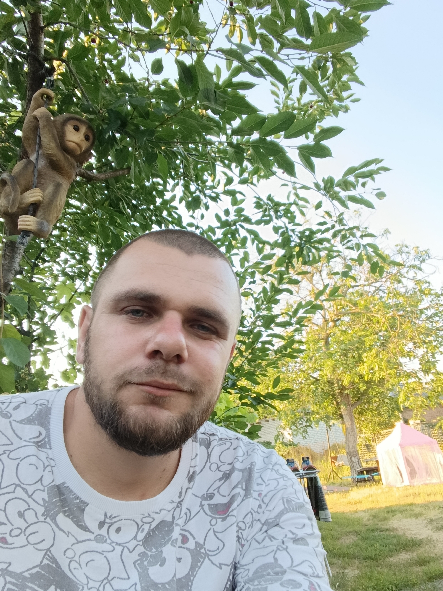 A man is taking a selfie outdoors. He is in the foreground, with a statue of a monkey hanging from a tree to his left. The man has a beard and is wearing a white t-shirt with a cartoon print. In the background, there is a grassy yard with trees, a brick building, and a pink and white tent. The sun is shining, suggesting it is daytime. The man's expression is neutral.