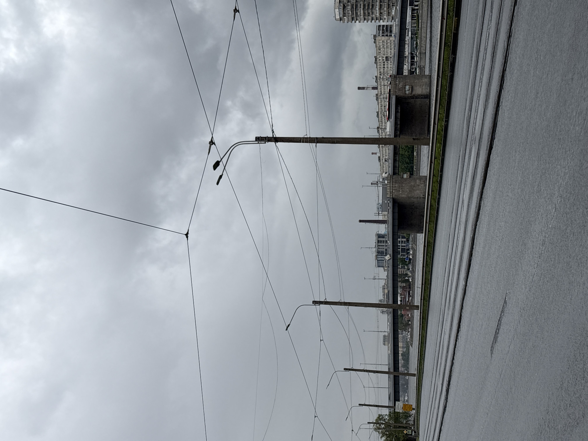 The image depicts a rainy, overcast urban scene in Saint Petersburg, Russia. The foreground is dominated by a wet asphalt road, its surface reflecting the gray sky. Along the side of the road are concrete bridge supports, with dense green vegetation visible between them. A series of concrete utility poles with streetlights extend into the distance, interspersed with complex overhead electrical wires. In the background, high-rise buildings and other urban structures are silhouetted against the cloudy sky. The overall atmosphere is muted and somber, emphasizing the urban landscape under inclement weather.