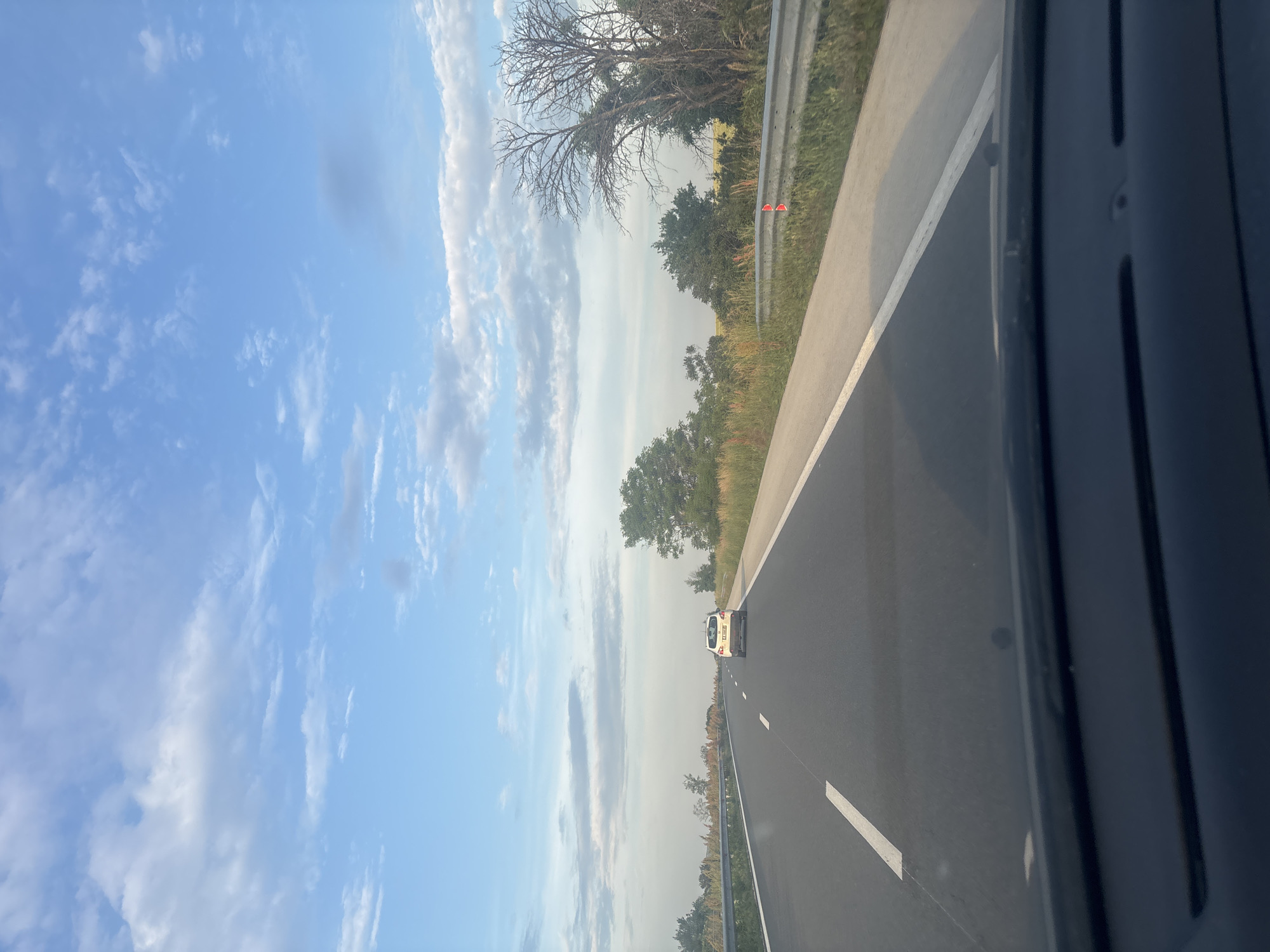 The image presents a forward-facing view from within a vehicle, with the dark dashboard visible across the bottom, depicting a highway scene in Nevsha, Bulgaria. The asphalt road features white dashed lane markings and a solid white line delineating the right shoulder. A white compact car is observed ahead in the same lane, maintaining distance. A metal guardrail, equipped with orange-red reflective markers, runs parallel to the right side of the road. Beyond the road, the landscape consists of a mix of dry, tall grasses, green shrubs, and various trees, including some with extensive bare branches, under a blue sky dotted with scattered white and light grey clouds. The lighting indicates either early morning or late afternoon, with soft, diffused sunlight. No individuals are visible.