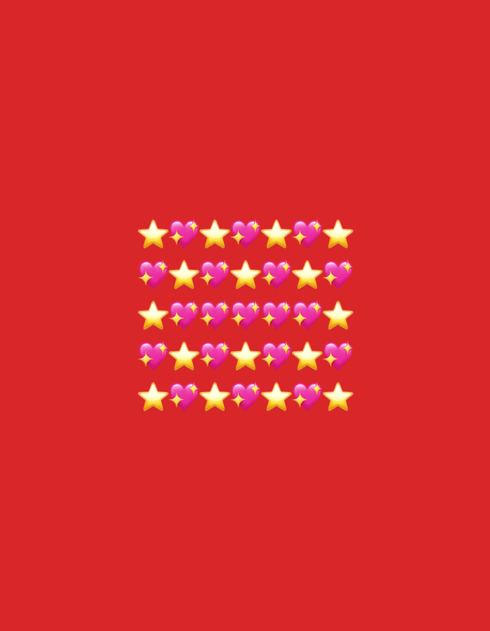The image displays a grid of yellow stars and pink hearts against a plain red background. The arrangement is in five rows and six columns, with alternating stars and hearts in each row. There are no discernible people, actions, interactions, or environmental details present in the image. The image does not provide any information about a location in Tbilisi, Georgia.