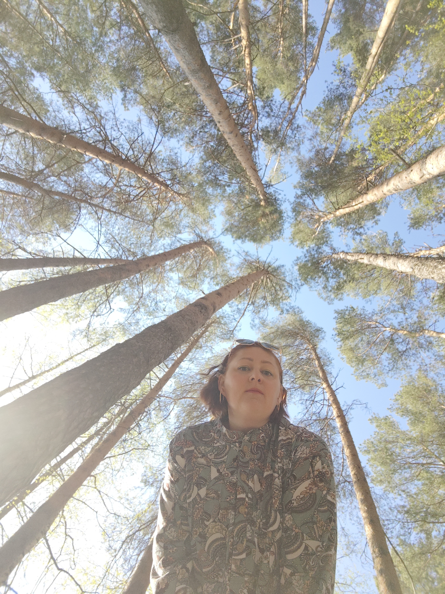 The image shows a low-angle shot of a woman in a forest. The view is looking upward towards the treetops, which are tall and slender. The sky is visible through the branches, with patches of blue. The woman is in the foreground, wearing a patterned shirt. The location is in a wooded area in the city of Chaikovsky, Russia.
