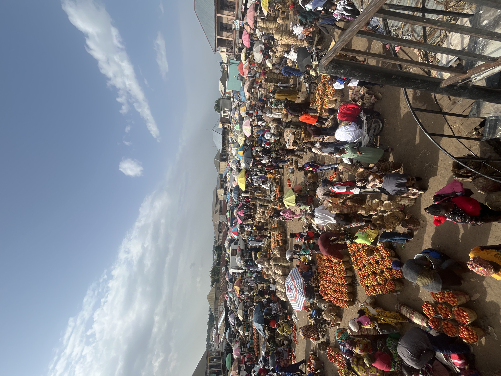 This image captures a bustling outdoor market scene in Rafin Par, Nigeria. The foreground is dominated by numerous baskets overflowing with bright red tomatoes, indicating the primary goods being sold. People are densely packed together, engaged in the activity of shopping and selling. Various individuals are seen interacting, some tending to their stalls, while others are browsing the produce.
Notable details include the presence of many umbrellas, providing shade from the sun, suggesting it is daytime and likely a sunny or partly cloudy day. The ground appears to be dirt or uneven paving, typical of an outdoor market. The background shows a few low-rise buildings, some with corrugated metal roofs, and a glimpse of a truck, further contextualizing the setting as a vibrant, active marketplace. The sheer number of people and the abundance of goods suggest a busy trading day. There are no visible signs with legible text. The atmosphere appears lively and busy, with the focus on commerce and daily life.