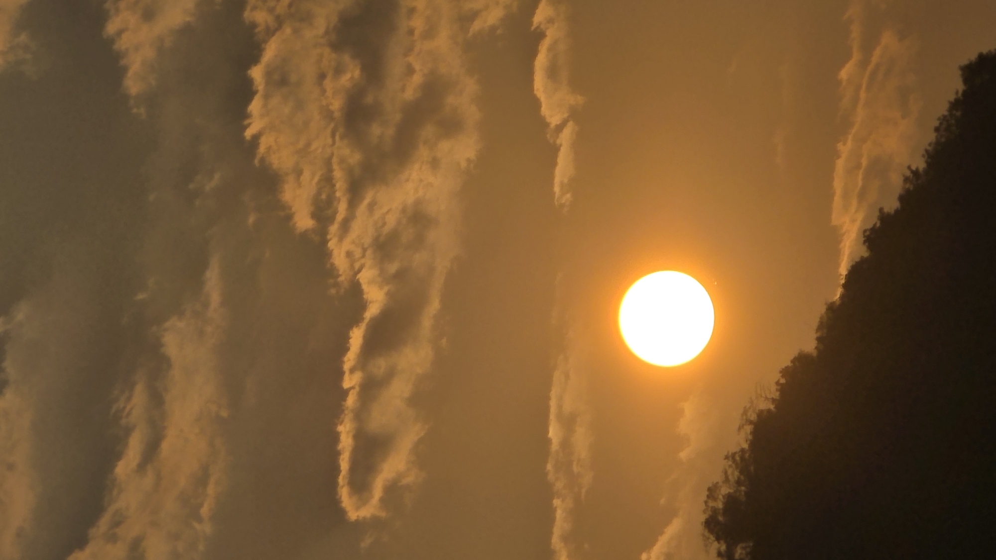 The image depicts a sunset in the Bac Natural Heritage Area Trang, Vietnam. The sun is a bright, spherical orb, positioned slightly to the right of the center of the frame. Wispy, layered clouds tinted with orange hues fill the left and upper sections of the image. A dark, tree-covered hillside or mountain edge occupies the right side of the frame, creating a stark contrast against the bright sky.