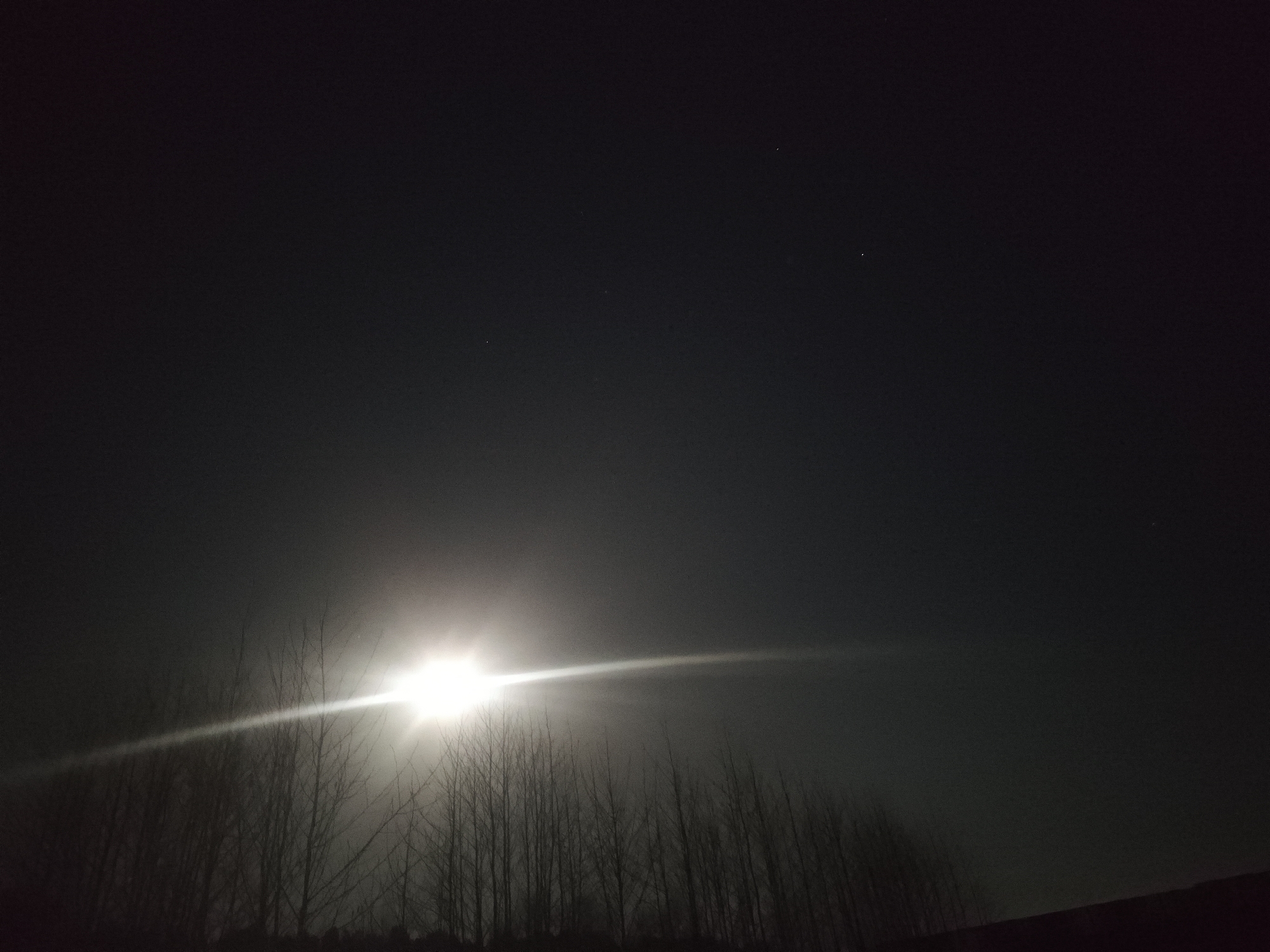 The image depicts a night scene, likely in a rural or semi-rural area, with a line of bare trees silhouetted against a light source. The light source, which is probably the moon, emits a strong glare with a distinct lens flare extending horizontally across the frame. The sky is dark, with a few faint stars visible in the upper portion of the image. The ground is dark and indistinct. It is unknown whether this scene takes place in Chaikovsky, Russia.