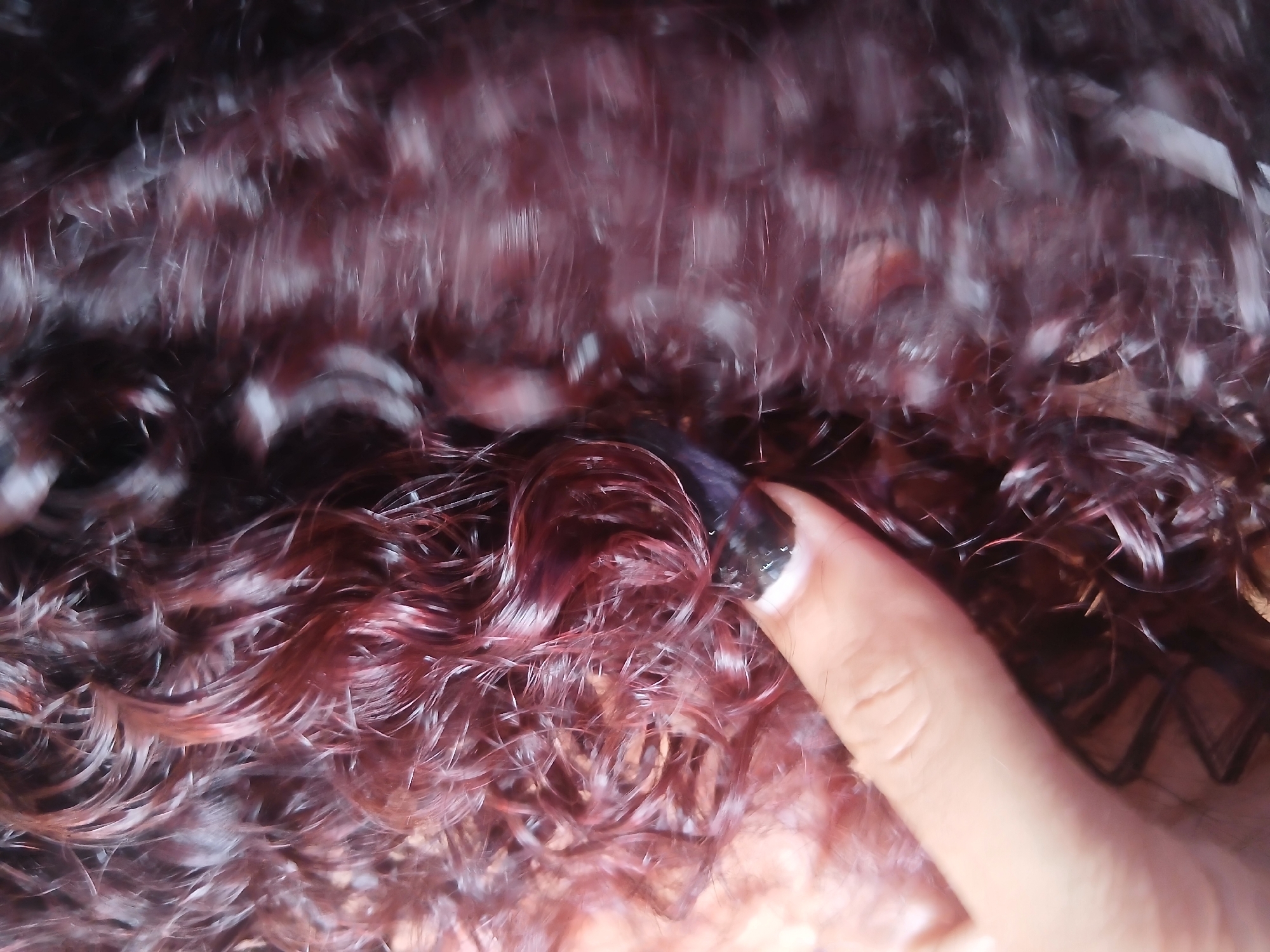 This close-up image captures a detailed view of dark, curly hair with a reddish-burgundy tint, appearing wet or heavily moisturized, consistent with a styling or treatment process. The scene is situated in Playa El Agua, Venezuela.
A human hand, specifically an index finger with a light to medium brown skin tone, is visible in the lower left quadrant, extending towards the center. The fingernail is painted with a dark polish, possibly black or deep purple, featuring a distinct white or silver tip. The finger is actively engaging with the hair, appearing to separate or hold a single, prominent curl, indicating an interaction related to hair styling, examination, or application.
The hair exhibits defined, glossy curls, with strands reflecting light prominently, suggesting the presence of product or moisture. The background consists entirely of similar dark, curly hair, providing no discernible environmental features beyond the hair itself. A dark, indeterminate object is partially visible immediately to the right of the finger, slightly obscured by the hair and finger. The overall composition is a tight, vertical shot focusing intently on the hair and the interacting finger.
