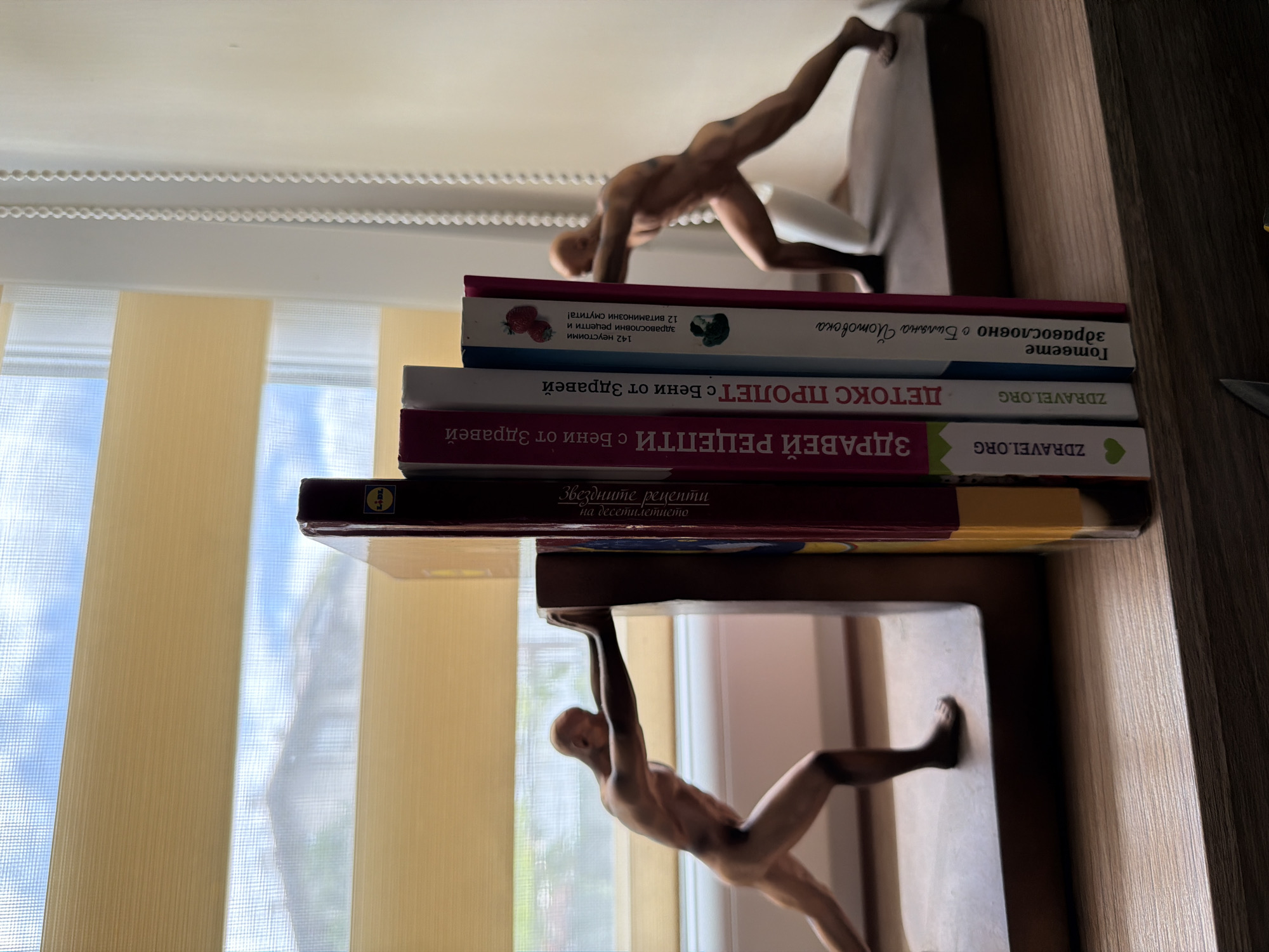 The image shows a shelf with several books, some with Bulgarian titles, which appear to be health or recipe related. The books are held up by two bookends shaped like nude male figures in dynamic poses, one on the left pushing against the books and one on the right. The shelf is situated in front of a window with horizontal blinds, through which daylight is visible, suggesting an indoor setting. The background outside the window hints at a residential area with a building and trees. The overall scene is a still life composition. Without additional context, the specific location in Pazardzhik, Bulgaria, cannot be determined from the image itself.