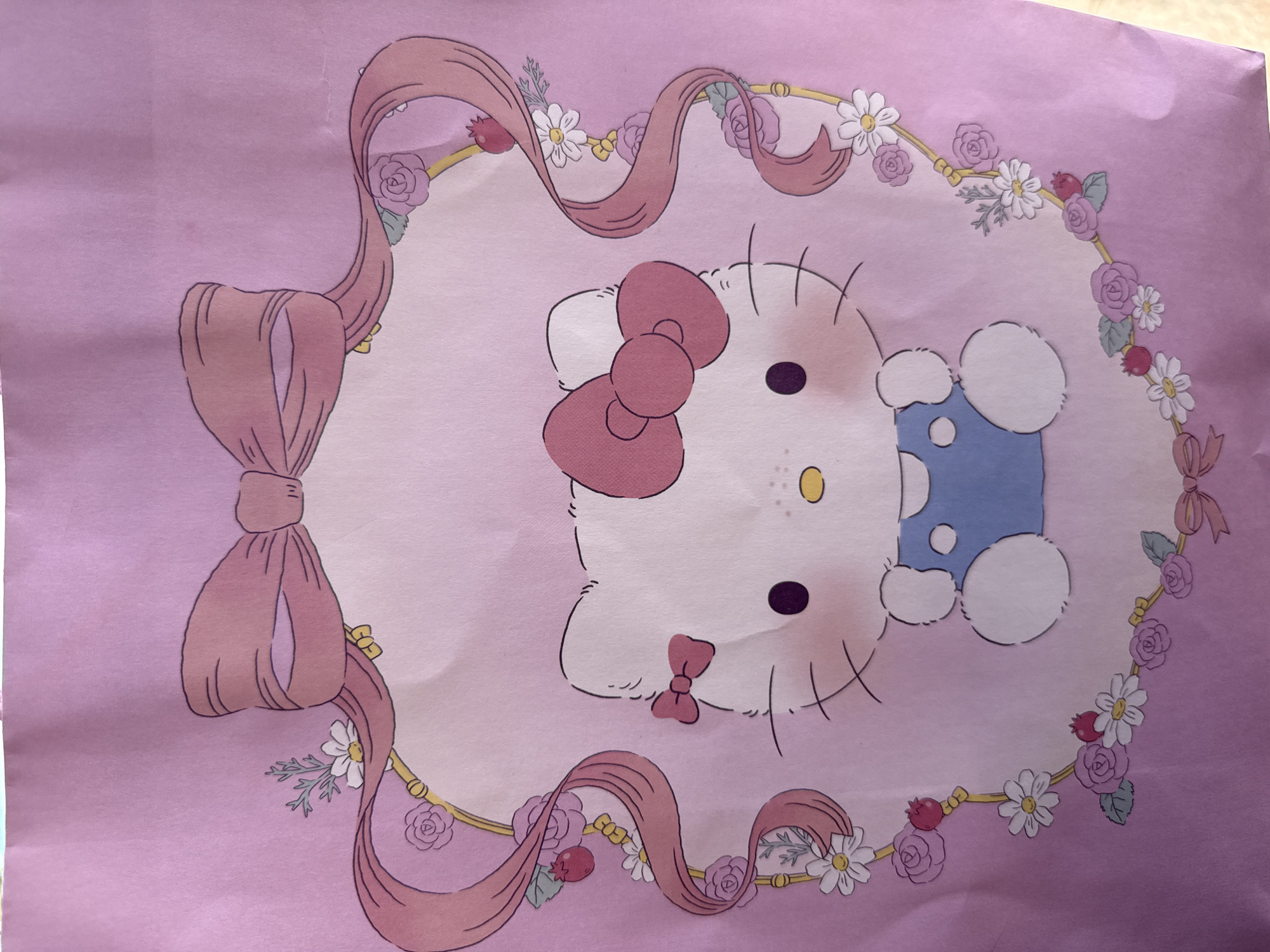 This media file is a close-up, overhead shot of a pink patterned paper, likely wrapping paper or a similar decorative material. The main subject is a stylized illustration of Hello Kitty, centered within an oval frame. Hello Kitty is depicted in her typical cartoon style, with a white face, black eyes, a yellow nose, and a pink bow on her head. She is wearing a blue polka-dot dress.
The oval frame surrounding Hello Kitty is adorned with a decorative ribbon in a similar shade of pink to the background paper. This ribbon weaves around the frame, and interspersed with the ribbon are illustrations of small white daisies, purple roses, and red berries with green leaves. The overall aesthetic is whimsical and cute, with a focus on pastel colors and floral motifs.
There is no discernible activity or event taking place, as the image is a static depiction on paper. The lighting suggests it is daytime, with no specific weather or location cues other than the provided context of Getafe, Spain. No text is visible in the image. The overall emotion conveyed is one of cheerful innocence and sweetness, characteristic of the Hello Kitty brand. The paper itself has a slightly textured, matte finish.