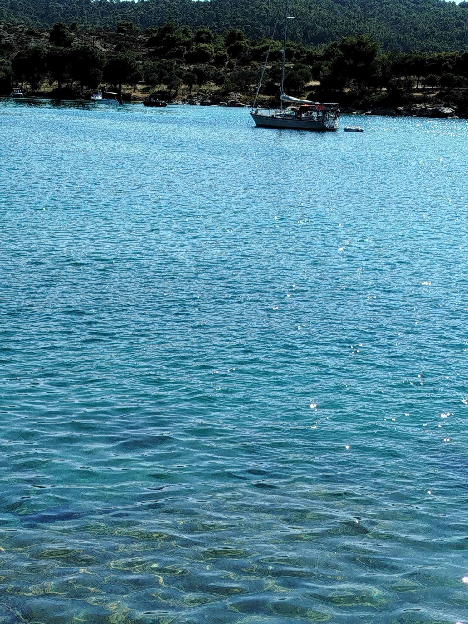 The image depicts a serene coastal scene in Sithonia Municipal Unit, Greece. The foreground is dominated by clear, turquoise water, with sunlight glinting off its surface, creating a shimmering effect. The water is shallow enough in some areas to reveal the sandy bottom, visible through the translucent blue. In the middle ground, several boats are anchored or moving slowly. Most prominent is a medium-sized sailboat, its mast reaching towards the sky, with a small inflatable dinghy tethered to its stern. Further back, other smaller boats can be seen near the shoreline. The background features a densely wooded hillside covered in dark green trees, with some rocky outcrops. The overall impression is one of a peaceful, sun-drenched day in a beautiful natural setting.