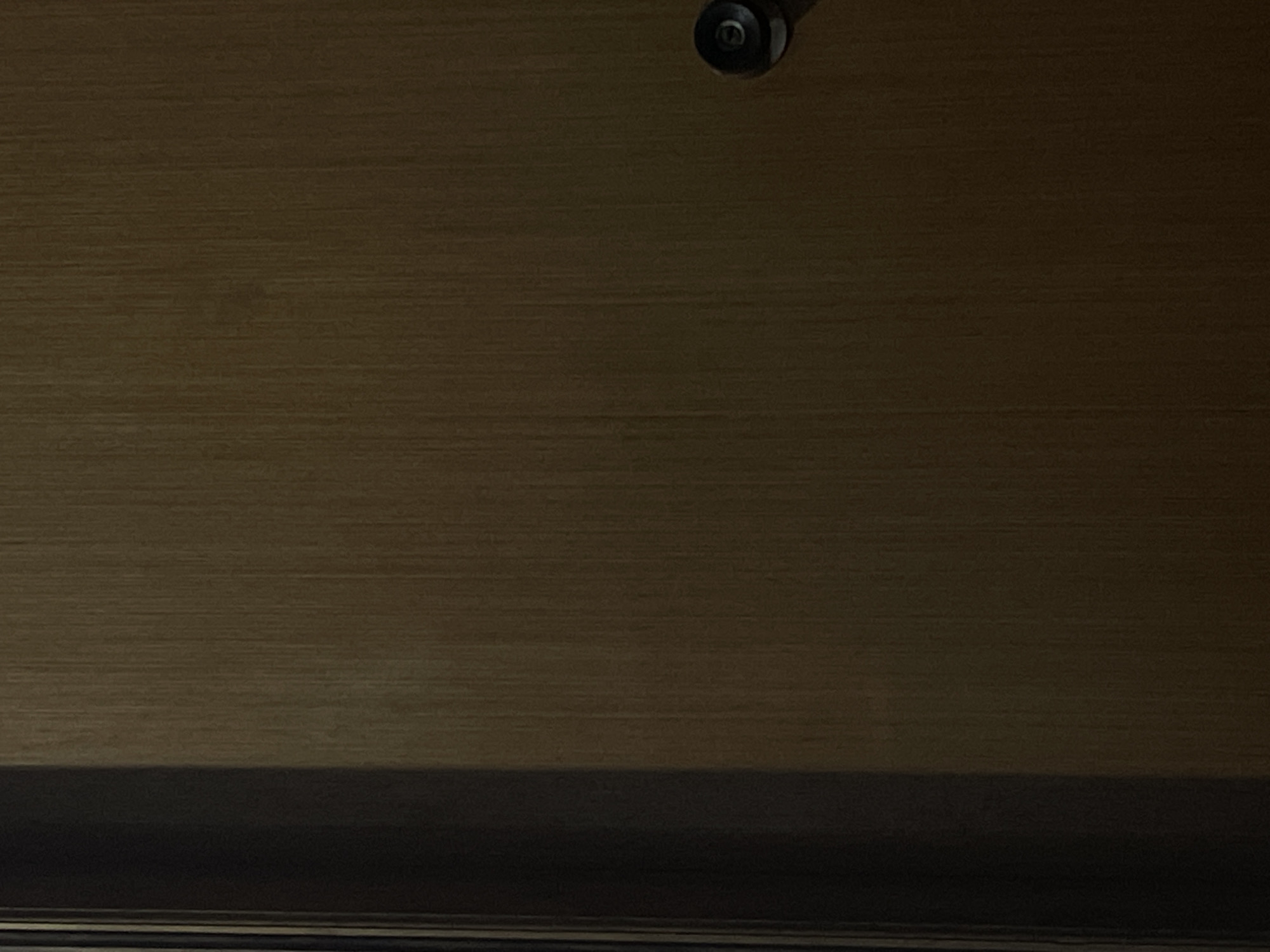 This media file is a close-up, top-down shot of a dark wood-grain surface. The wood grain is horizontal and appears to be a laminate or veneer. In the upper center of the image, a small, black, circular object with a metallic sheen is visible. This object appears to be a security camera or a similar surveillance device. The lighting is dim, suggesting it might be indoors or at night, with the camera being the primary light source, casting a slight glow. There is a darker, horizontal band running across the bottom of the image, which could be the edge of the surface or a contrasting material. No people, weather, or specific location cues are discernible. No text is visible.