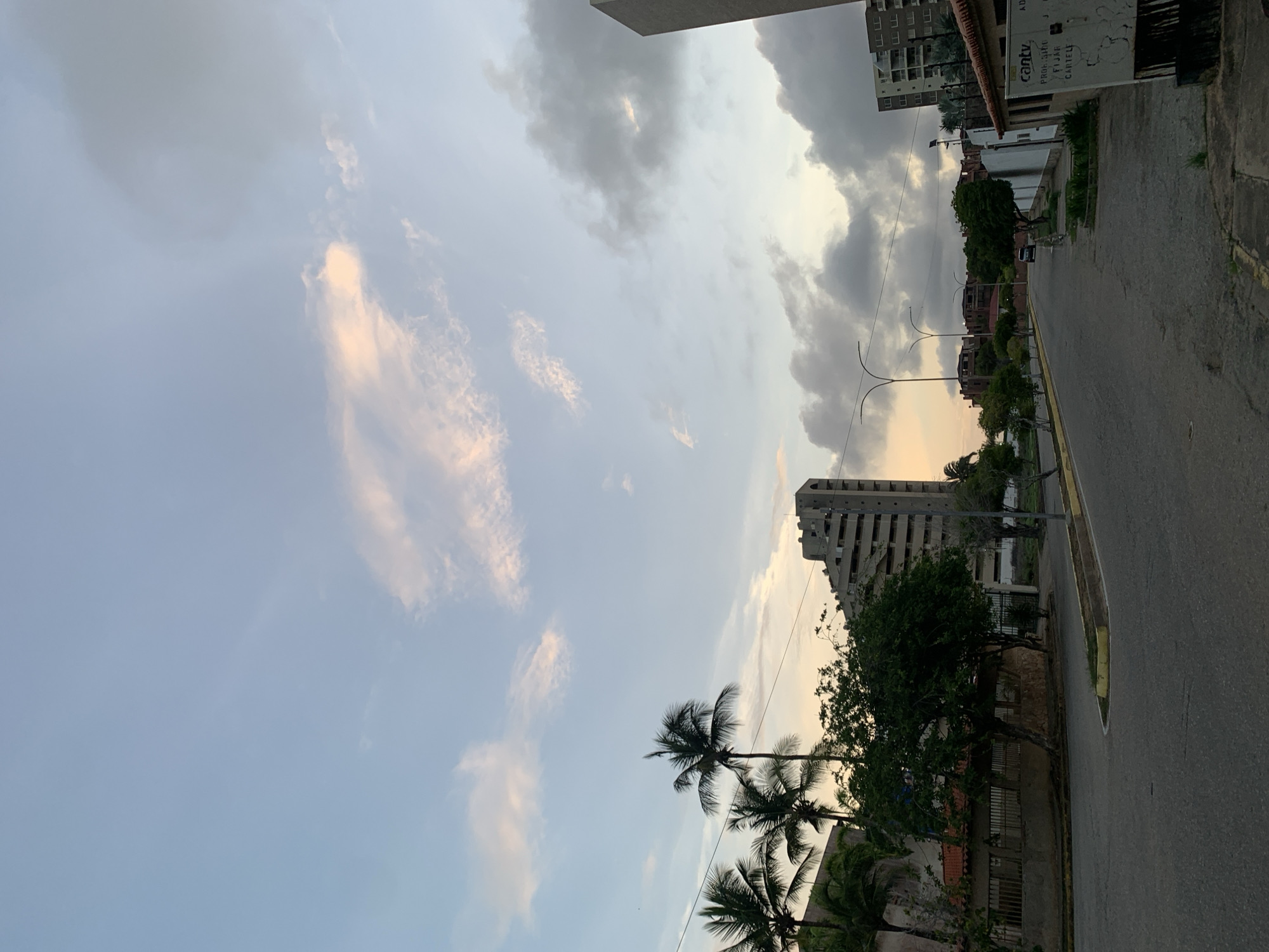 This is a full-frame, eye-level, outdoor, medium shot of a street in Porlamar, Venezuela, during what appears to be either dawn or dusk. The sky is filled with a mix of light blue and gray clouds, with some tinges of pink and orange, suggesting a transitionary period of daylight. On the left side of the street, several palm trees with lush green fronds are visible, with a low, walled building featuring metal bars on its windows behind them. Further down the street on the left, a tall, concrete building with a distinctive stepped or terraced design stands prominently.
The street itself is asphalt with a visible yellow line marking the edge of the road. Several streetlights with modern, curved designs are present along the street. On the right side of the street, there are more buildings, including a multi-story apartment building and a smaller structure with a red-tiled roof. A white utility box or sign with some text, including the word "CANTV," is affixed to a pole on the right. Greenery, including trees and bushes, is scattered throughout the scene, contributing to a somewhat urban but tropical feel. A single dark-colored car is parked on the right side of the street further down. No people are visible in the frame.