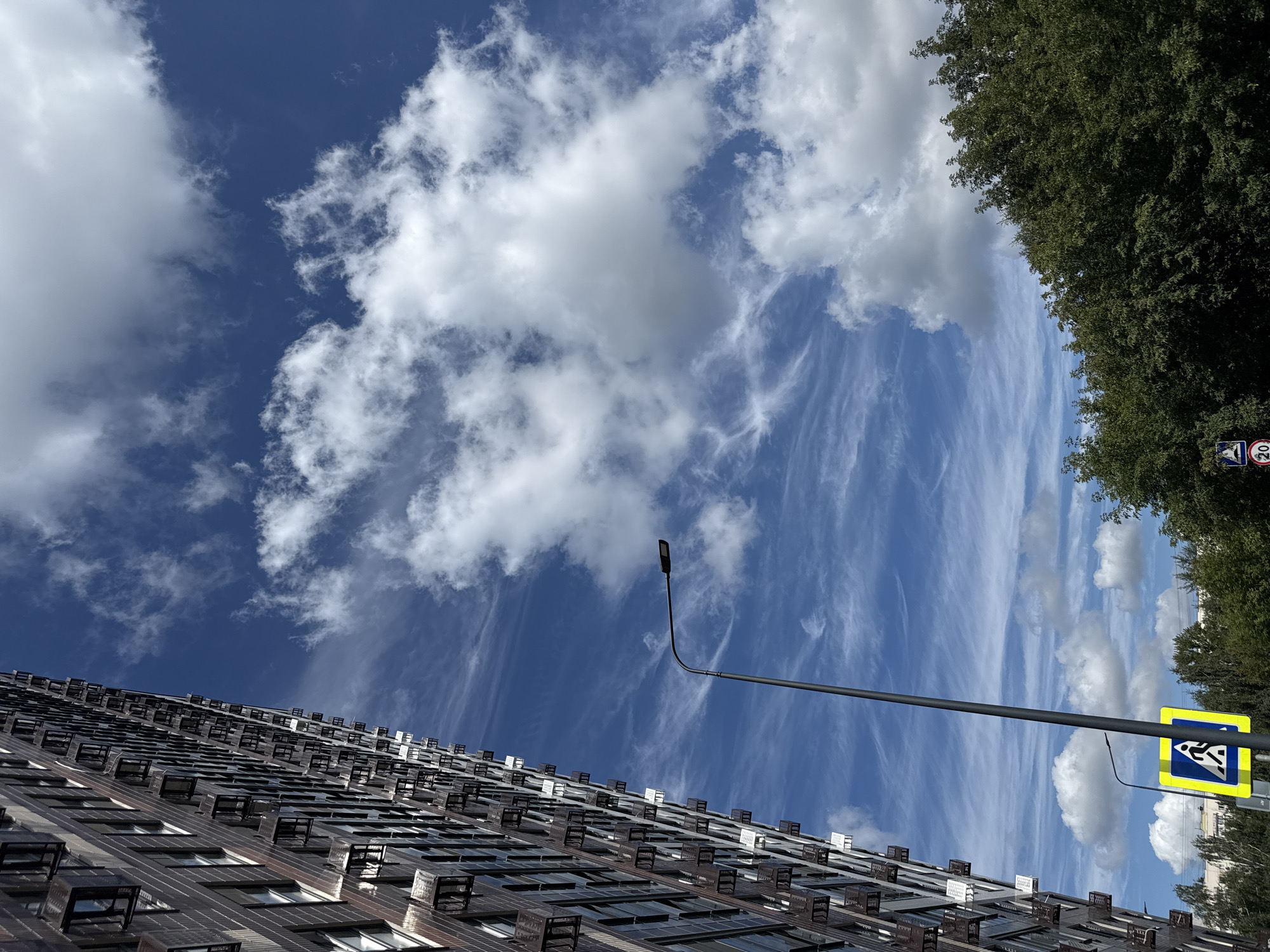 An outdoor, eye-level, medium shot captures a section of a tall, dark brick apartment building on the left side of the frame, its numerous windows and air conditioner units visible. The building is angled towards the viewer and occupies a significant portion of the left half of the image. To the right of the building, a tall, black lamppost extends upwards into a bright blue sky filled with scattered white clouds. A yellow and blue pedestrian crossing sign with a white silhouette of a person is attached to the lamppost, positioned lower down. In the background, a dense line of green trees forms the horizon line. Part of a white building is visible behind the trees on the far left. A circular traffic sign with the number "20" inside a red border is visible near the bottom right. The scene appears to be in the city of Lyubertsy, Russia.