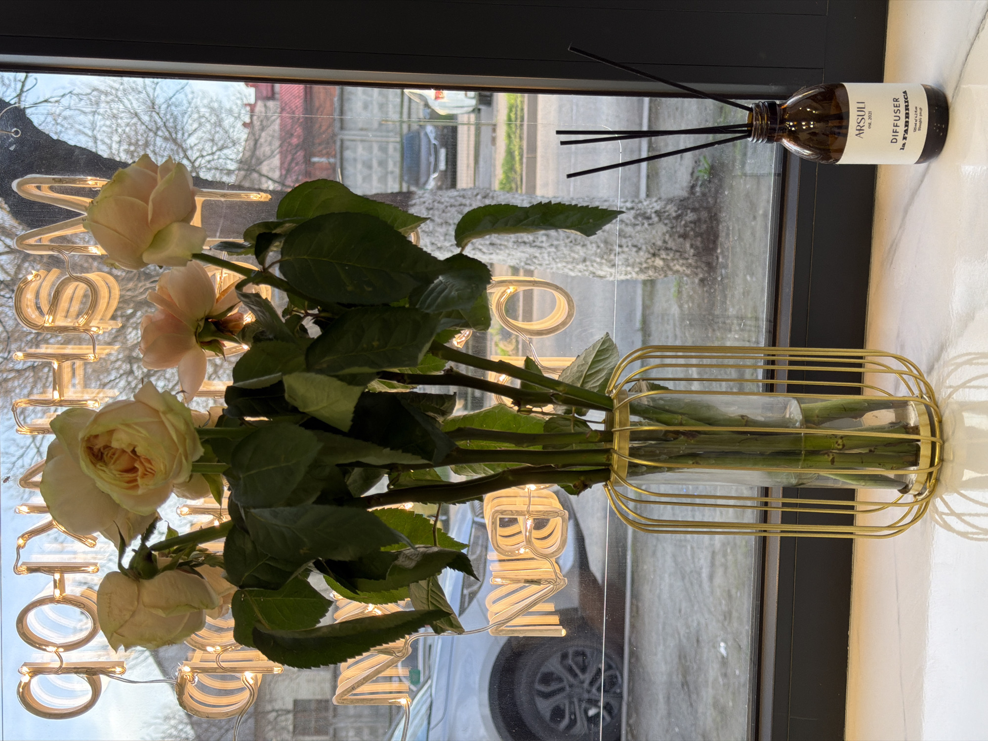The image depicts a bouquet of pale roses in a gold-colored, rectangular vase. A diffuser with black reeds sits next to the vase, labeled "ARSULI est. 2021 DIFFUSER La FABRICA 125 mle/4.2 flos". The vase and diffuser are positioned on a light-colored, possibly marble, surface in front of a window. Through the window, the blurry cityscape of Rostov-on-Don, Russia is visible. The word "CODHISM" is written in glowing letters in the window glass, with the last portion of the word reading "BIN". The city is visible in the window's reflection, including cars and bare trees. The scene is set indoors, near a window with a dark frame.