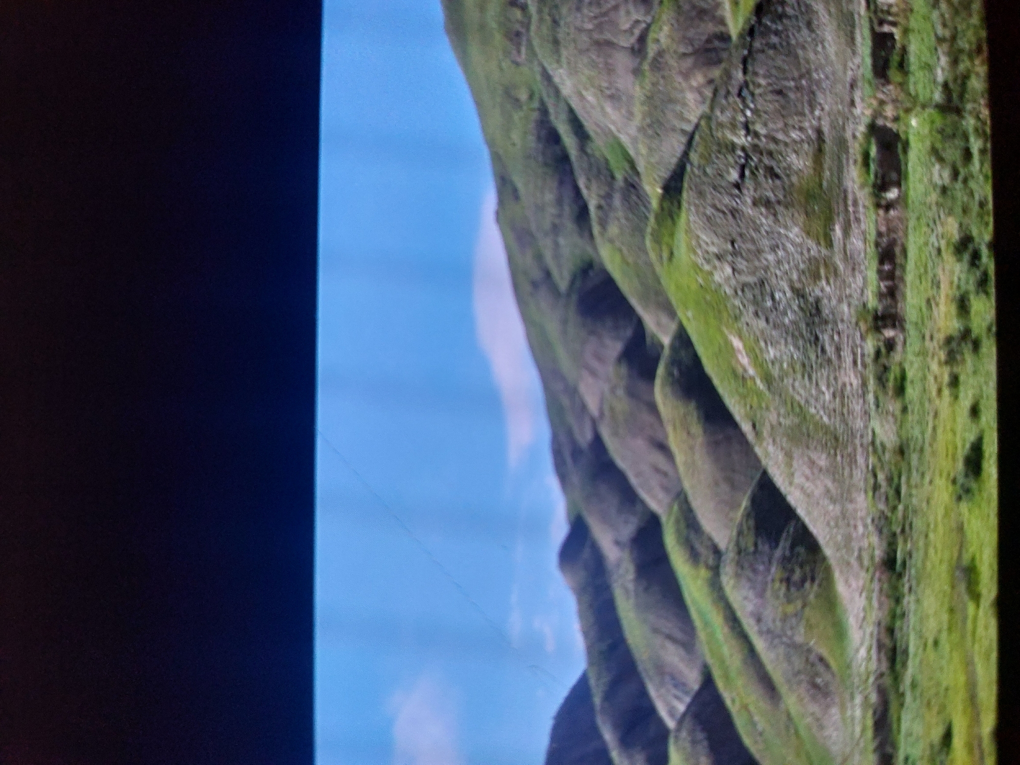 The image captures a dramatic natural landscape, possibly a coastal or mountainous scene. A massive, rugged cliff face dominates the right side of the frame, stretching vertically from bottom to top. This cliff features deep textures, pronounced ledges, and is heavily blanketed in vibrant green vegetation, likely moss or dense grass, especially on its flatter surfaces and within crevices. The underlying rock appears dark grey or earthy brown.
To the immediate left of the cliff, a broad section of bright blue sky is visible, adorned with a few faint, wispy white cloud formations, indicating a daytime setting with clear or partly cloudy weather. The leftmost portion of the image is occupied by a dark, uniform band, possibly an unilluminated part of a screen or a specific framing choice. Fine, faint horizontal lines are discernible across the sky area, suggesting the image might be a photograph of a display screen.
The scene focuses exclusively on the natural environment, conveying a sense of scale and rugged beauty. There are no visible people, animals, or man-made objects. Given the location context of Tsarevo, Bulgaria, this image could depict the region's scenic coastline or a nearby mountainous area. No visible text is present.