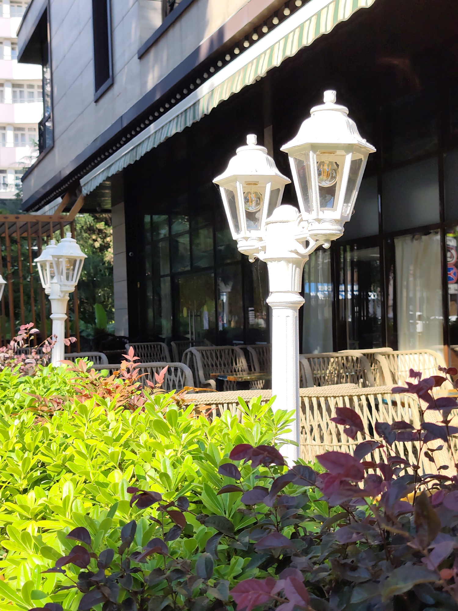 An outdoor seating area of a building is shown in Sochi, Russia. In the foreground, lush green and burgundy foliage is visible. Behind the plants are two white street lamps, one larger with three lamps and a smaller one to the left. The building behind them has a dark awning with a striped pattern and a modern facade. The building also has large windows and what appears to be an outdoor dining area with wicker chairs.