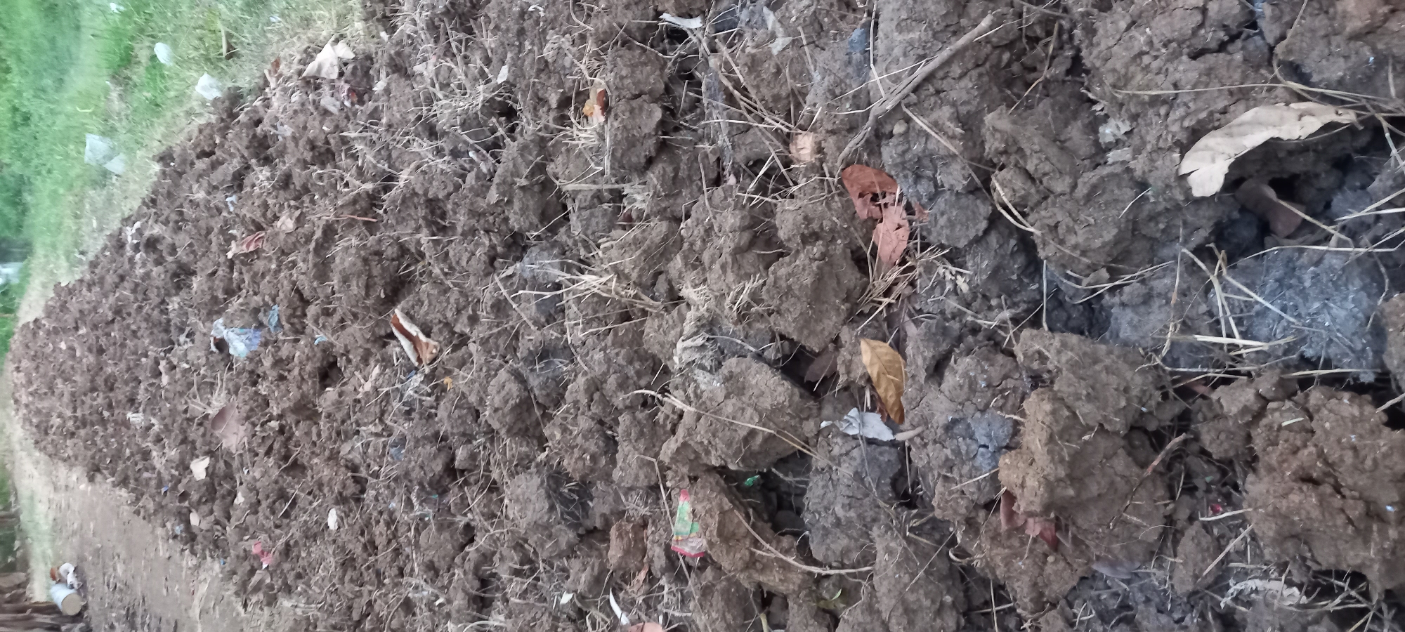 The image depicts a section of tilled land in Sidamulya, Indonesia, possibly near agricultural fields. The soil is dark brown, clumpy, and unevenly distributed, indicating recent plowing. Scattered throughout the soil are various pieces of debris, including plastic wrappers and dried leaves, suggesting a potential issue with waste disposal in the area. The ground appears to be a pathway or a field undergoing preparation for planting. The surrounding environment is softly out of focus, showing hints of green grass and possibly vegetation in the background. The lighting suggests an overcast day or early morning/late afternoon light. There are no people or animals visible in the frame.