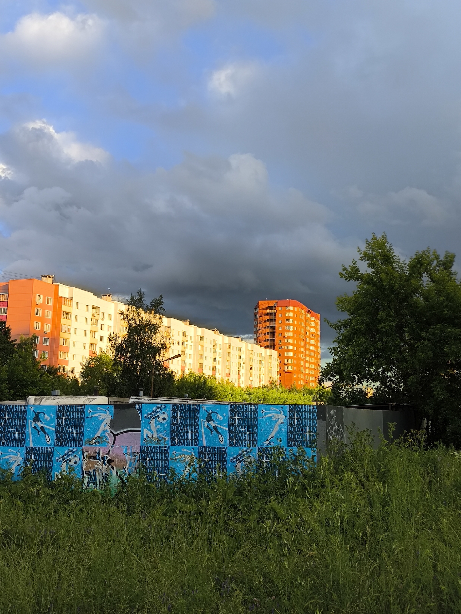 A medium shot captures a dramatic sky over a residential area in the city of Unknown, Unknown. The sky is filled with dark, ominous clouds, with patches of bright blue sky peeking through. The late afternoon sun casts a warm, golden light on the top floors of two apartment buildings, one orange and one white, creating a striking contrast with the dark clouds. In the foreground, a wall covered in blue posters with text and imagery of people in athletic poses is partially obscured by tall, green grass. A large, leafy tree stands to the right of the frame, its branches reaching towards the sky. A smaller, slender tree is situated between the two apartment buildings. A tall, thin orange building stands to the right of the main apartment building. The scene appears to be a quiet residential neighborhood, possibly in the outskirts of the city.