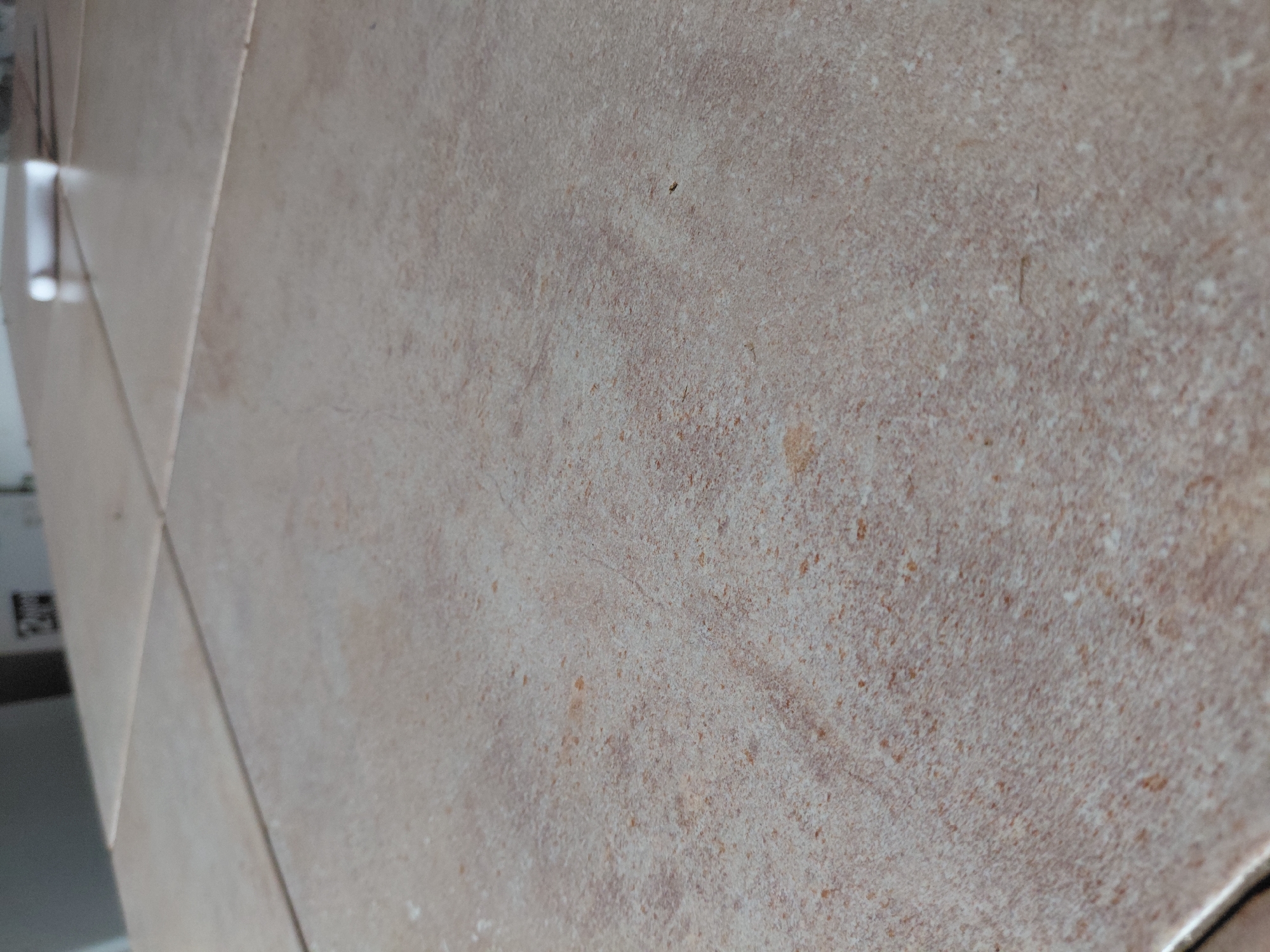 The image presents a close-up, angled view of a tiled surface, likely a wall, in what appears to be an indoor setting. The tiles are rectangular, featuring a mottled texture with a matte or low-sheen finish. Their color palette consists predominantly of warm, earthy tones, including various shades of beige, light brown, and off-white, interspersed with subtle reddish-brown speckles and faint, irregular vein-like patterns that emulate natural stone.
Grout lines run diagonally across the frame, separating the individual tiles and contributing to the perspective of the shot. A bright, blurred reflection, possibly from a light source or window, is visible in the upper-left quadrant of the image. The background to the far left is out of focus, showing indistinct structural elements and a blurry, unreadable dark graphic or text that appears to be part of an object rather than the tile itself.
No people are present, and no specific activity is taking place; the scene is static. Notable details on the tiles include minor dark specks and a thin, linear mark, possibly a fiber or a scratch. The image focuses on the material's texture and pattern. While the location context of Santa Ana, Venezuela is provided, no specific visual cues within the image confirm this location. The lighting appears even, suggesting ambient indoor illumination.