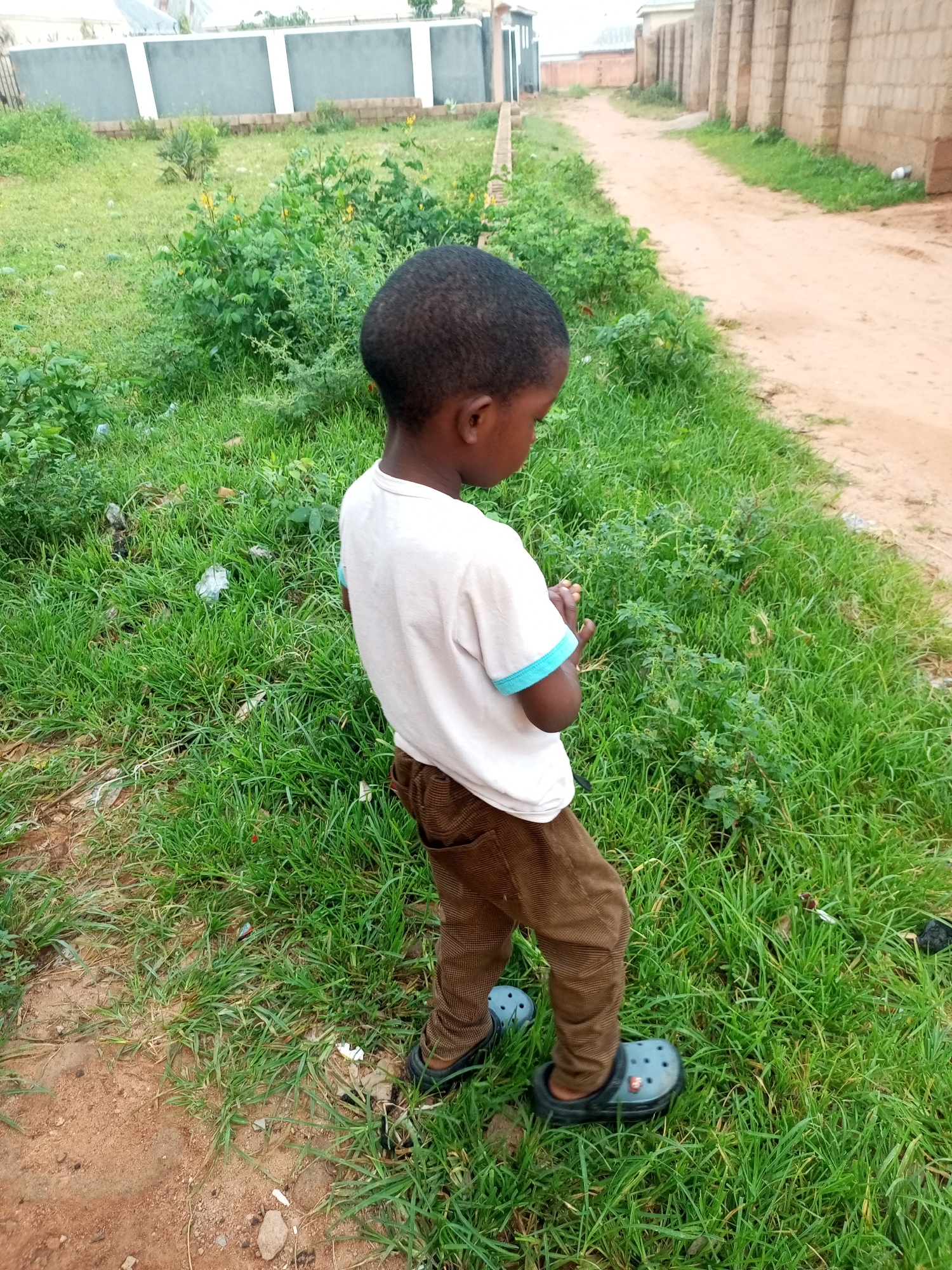 A young child, appearing to be of African descent, stands facing right, looking down at the grassy area to their side. They are wearing a light-colored t-shirt with blue trim on the sleeves and brown, ribbed pants. The child is also wearing dark-colored clogs on their feet.
The child is positioned on the left side of a dirt road. The road is unpaved and appears to be a path through a somewhat unkempt area. To the left of the road and the child is a dense area of green grass with some scattered weeds and a few pieces of litter. In the background on the left, there are buildings and a wall. On the right side of the road, there is a brick wall that extends into the distance, suggesting this might be a residential or community area. The overall environment appears to be outdoors in a semi-urban or rural setting. The lighting suggests it is daytime. The location is identified as Tempure, Nigeria.