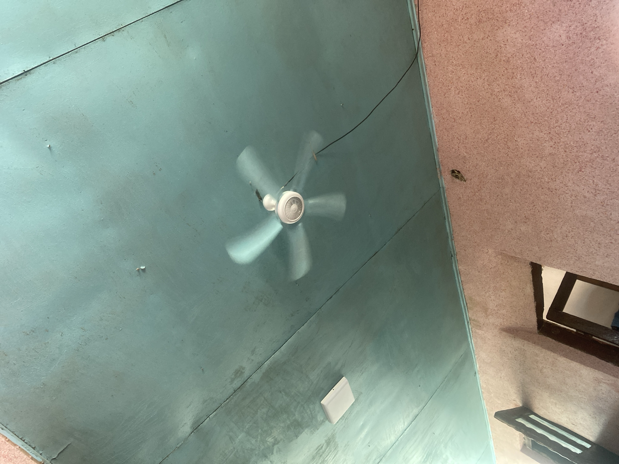 This is an eye-level, wide shot of a ceiling fan spinning on a light blue, wooden plank ceiling. The ceiling has visible seams between the planks and appears to be slightly worn. There is a white, rectangular light fixture mounted on the ceiling to the left of the fan. A black wire extends from the fan to the right, secured by a small clip. Below the ceiling, a pink, textured wall is visible, with the upper portions of two wooden window frames. The scene is indoors and appears to be in Arka, Kyrgyzstan.