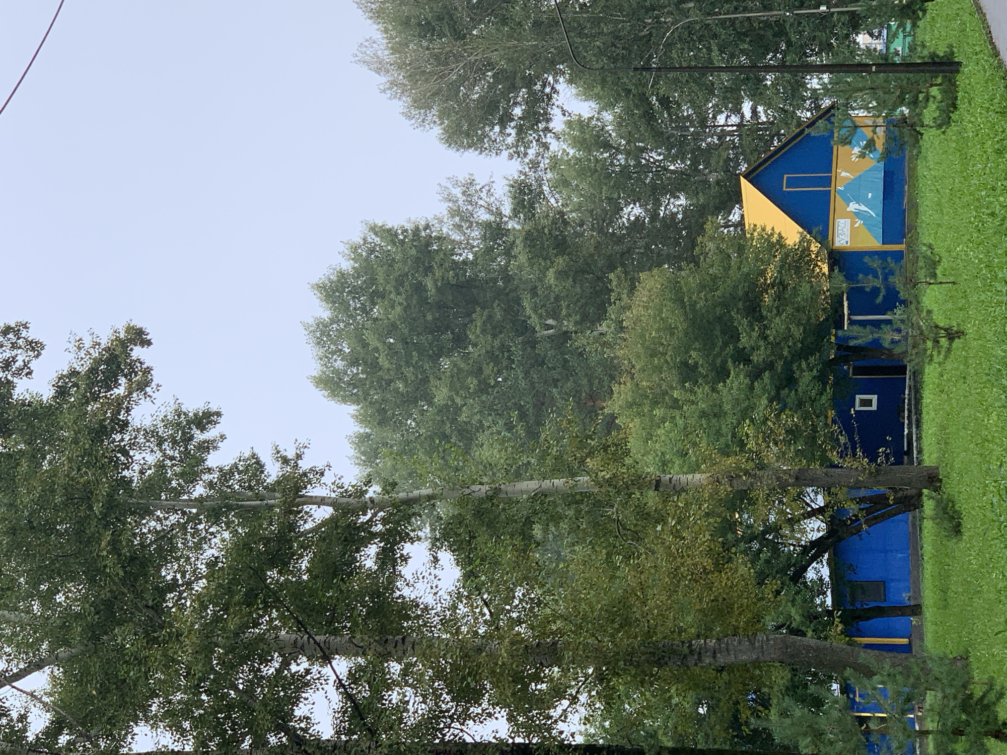 The image depicts a blue building with a yellow, peaked roof, featuring a mural of mountains and the text "КУЗБАСС" on its side. The building is surrounded by green grass, trees, and shrubbery, with a cloudy sky overhead. The scene appears to be an outdoor area, possibly a park or recreational facility. While the exact location within Prokopyevsk, Russia cannot be determined from the image alone, the presence of the building and its artistic elements suggest a public or community space. There are no people or animals visible in the frame. The overall impression is one of a calm and somewhat overcast day.