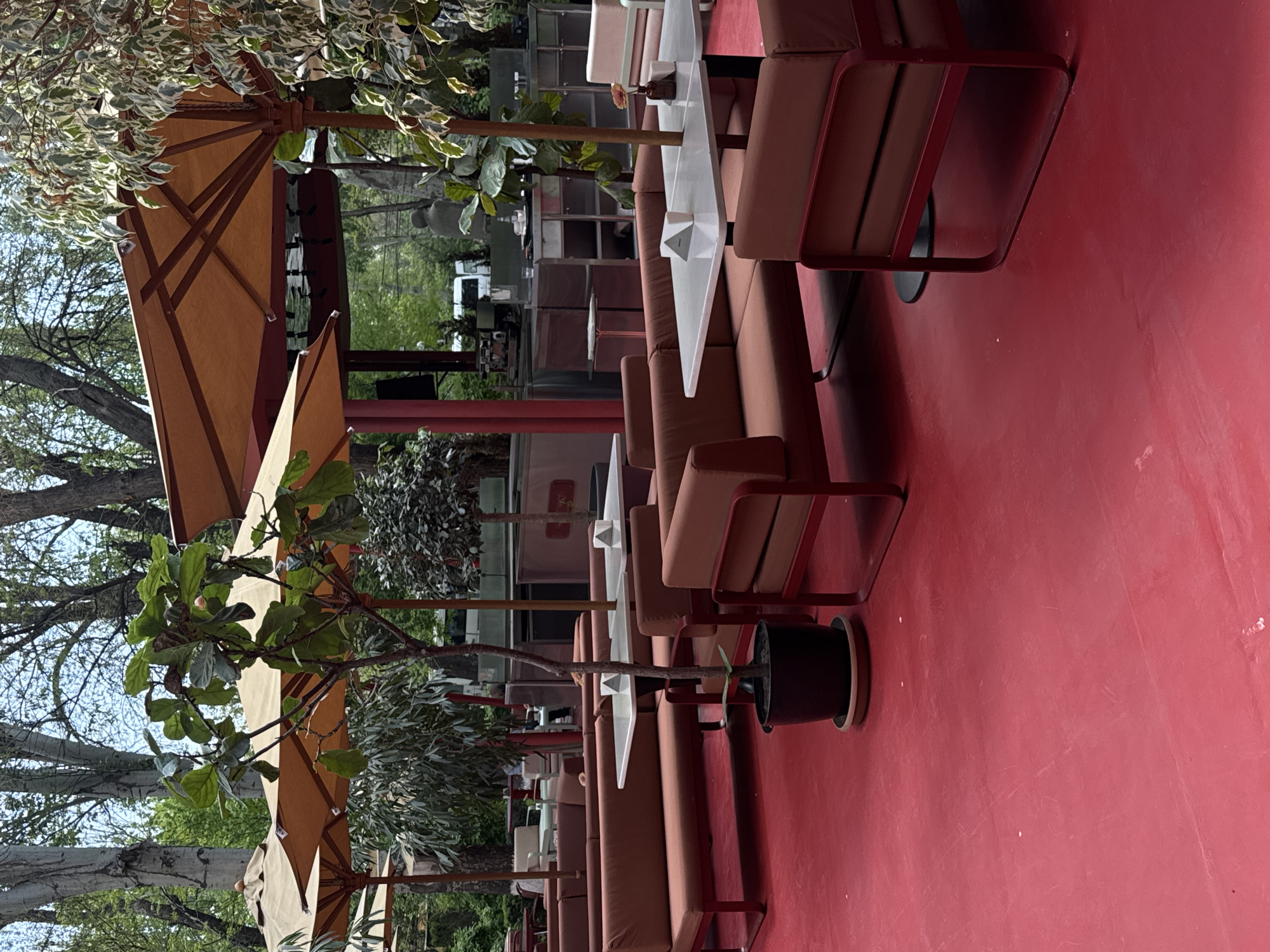 This image captures a modern and inviting outdoor dining or lounge area, likely a cafe or restaurant patio, in Yerevan, Armenia. The prominent feature is a striking, vibrant red floor that stretches across the scene.
Along this red floor, a series of comfortable seating arrangements are visible. These include long, upholstered benches and individual chairs, all in a warm brown or terracotta color with complementary red metal frames. Each seating section is paired with a sleek, angular white table. Overhead, large, tan-colored outdoor umbrellas provide shade, suggesting it's a daytime setting in pleasant weather.
Between the seating areas, potted plants and trees, some with broad green leaves and others with variegated foliage, are strategically placed, adding natural elements and defining individual spaces. In the background, beyond the immediate patio, tall trees with light-colored, slender trunks are visible under a clear sky, hinting at a natural or park-like environment. Faintly, some distant structures or possibly a food truck can be seen through the foliage.
No people are present in the image, but the meticulously arranged furniture and plants suggest a well-prepared space for guests to relax or dine. The overall aesthetic is contemporary and clean, characterized by the strong color palette of red, brown, white, and green. There is no visible text in the image. The natural light indicates it is daytime, possibly morning or afternoon.