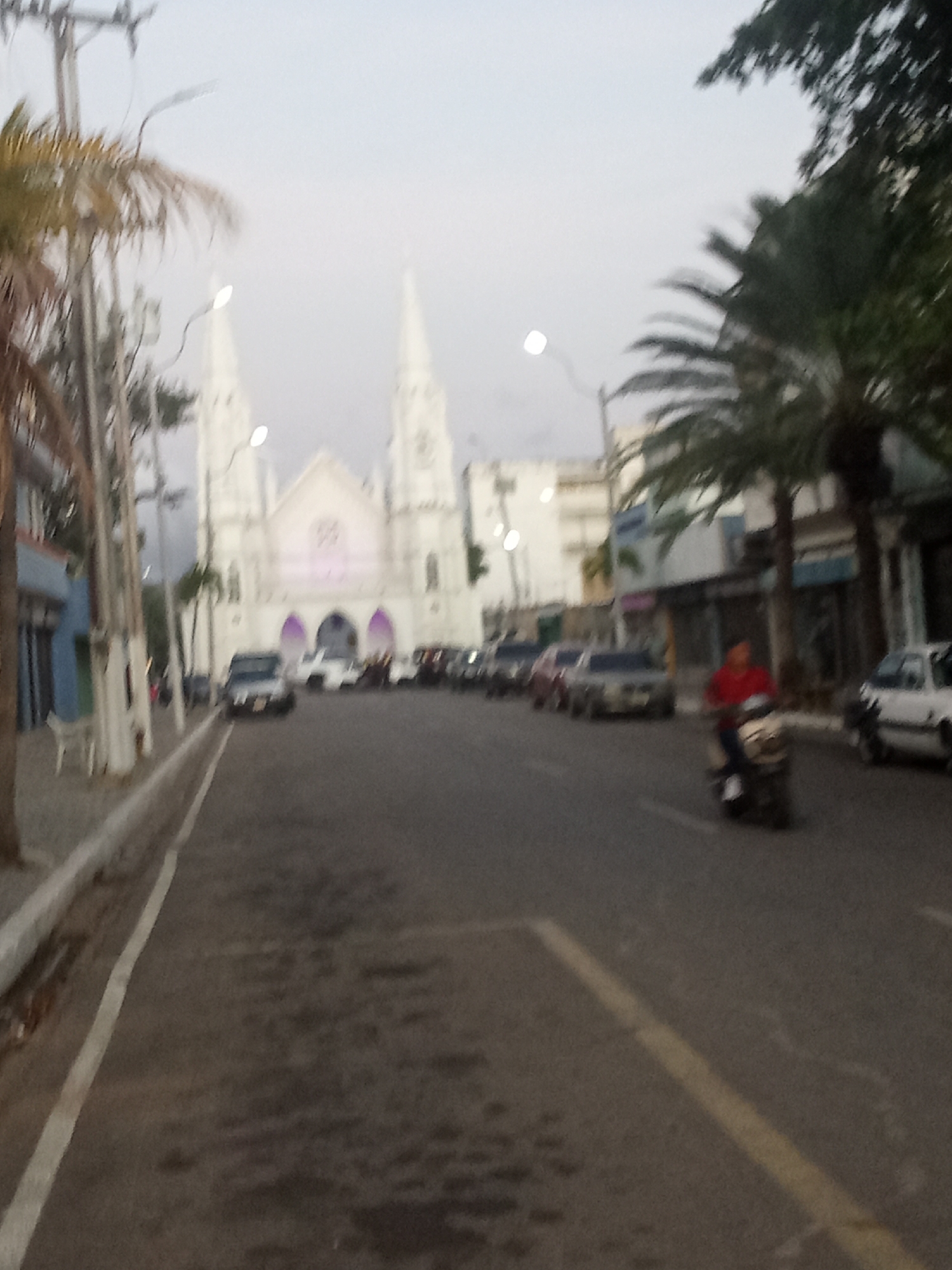 The image depicts a street scene in Juan Griego, Venezuela, with the prominent Basilica Menor Nuestra Señora del Valle (also known as La Iglesia de Juan Griego) visible at the end of the road. The time of day appears to be twilight or early evening, indicated by the illuminated streetlights and the overall diffuse lighting.
In the foreground, a paved street extends towards the church. A broken yellow line marks the center of the road. On the left, a concrete sidewalk is bordered by multiple utility poles and several palm trees. Commercial or residential buildings, some painted blue, line this side of the street. On the right side of the street, more palm trees and deciduous trees are present, partially obscuring additional buildings.
A single individual, wearing a red shirt, operates a dark-colored scooter or motorcycle, moving away from the camera in the right lane of the street. Multiple other vehicles, including several sedans and a dark SUV-like vehicle, are parked or slowly moving along the street closer to the church.
The Basilica Menor Nuestra Señora del Valle, a large white structure with two prominent spires, dominates the background. Its facade features multiple arched entrances, which are illuminated with purple or pink light. The sky above is overcast and bright. The overall image quality is blurry, suggesting motion blur or a low-light capture.