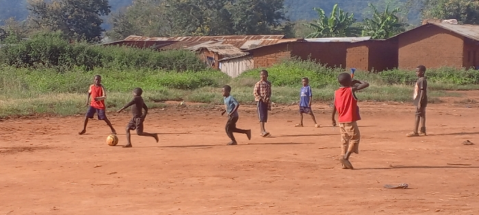 Seven young males are depicted playing and observing on an unpaved, reddish-brown dirt field in Ngalula, Democratic Republic of the Congo. The scene is brightly illuminated by natural sunlight.
In the left-midground, two boys interact with a yellow and black football. One boy, wearing a red t-shirt and blue shorts, stands facing the ball. The second boy, dressed in a dark t-shirt and dark shorts, is in motion, appearing to kick the ball with his right foot. To their right, a third boy in a light blue long-sleeved shirt and dark pants runs towards the left. Three additional boys stand observing the activity: one in a plaid shirt, another in a blue and white striped shirt, and a third in a dark t-shirt with a light graphic. A seventh boy, positioned in the right foreground with his back mostly to the viewer, wears a red sleeveless top and light brown pants, holding a blue and black elongated object near his right shoulder. Footwear varies among the individuals, with some barefoot and others wearing sandals or shoes.
The immediate ground consists of dry, bare reddish-brown earth. The background features a band of dense green vegetation. Beyond the vegetation, several single-story structures are visible, constructed with brown mud-brick walls and corrugated metal roofs. Farther in the distance, tree-covered mountains rise against a clear sky.