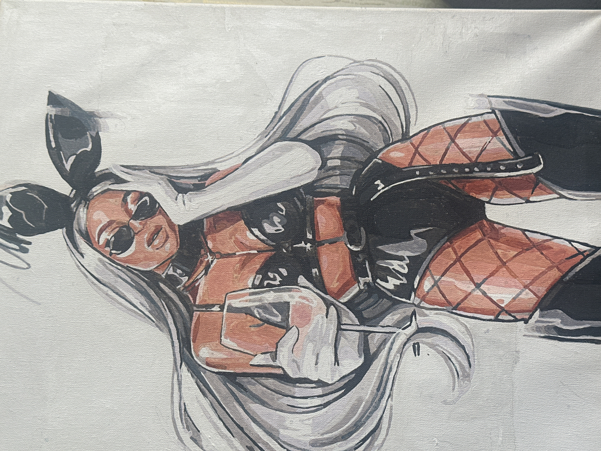 The image is a painting of a woman with long, white hair wearing bunny ears and sunglasses. She is depicted in a black outfit consisting of a strappy top and a short skirt with studded details. Her legs are covered in a pattern resembling fishnet stockings. She is holding a wine glass in one hand. The background is white. The location of the image being in the city of Vysokiy, Russia, is not visually discernible from the content of the painting.