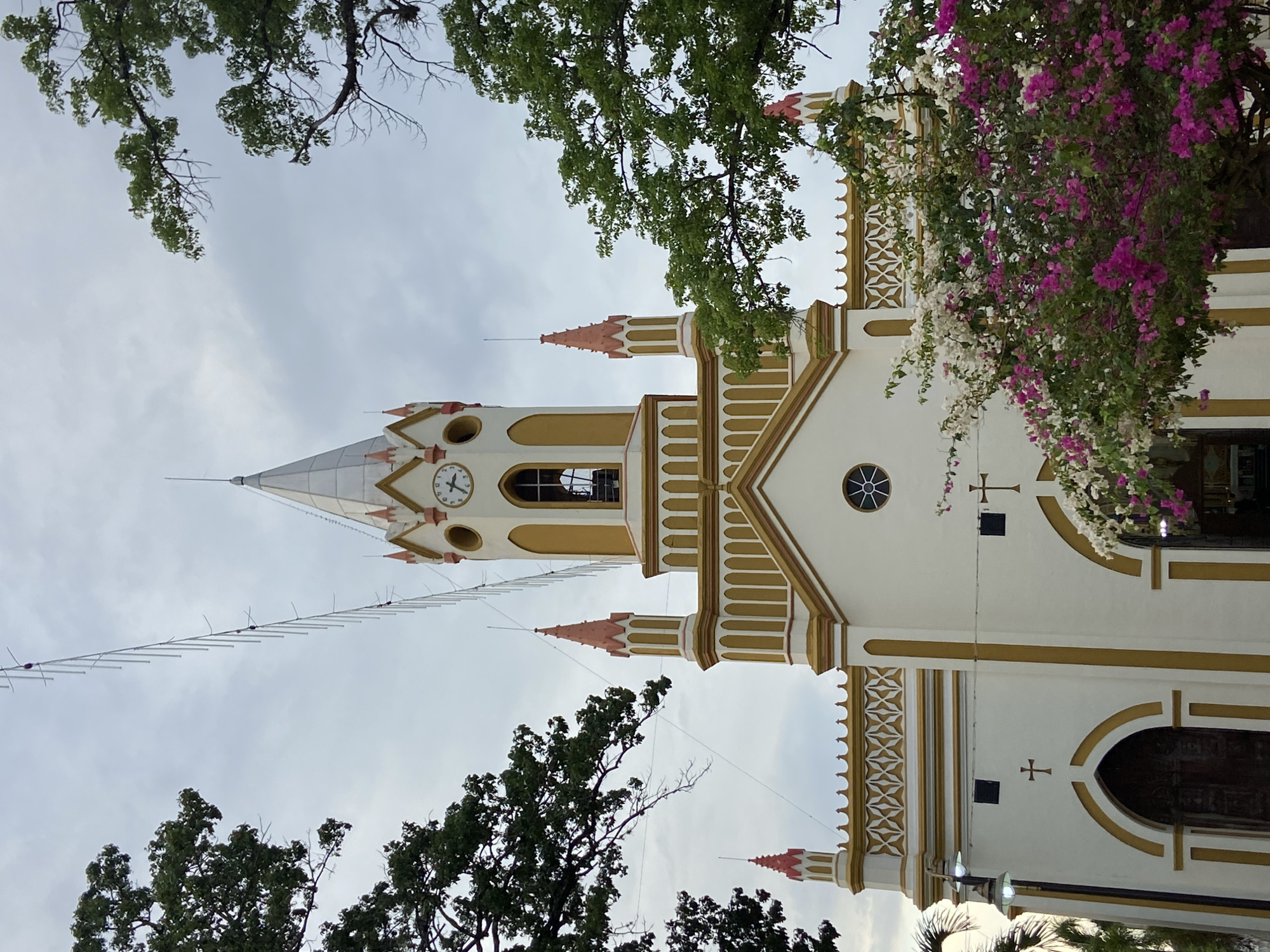An upward-angled, vertically oriented photograph captures a ornate church building under an overcast sky, framed by trees and vibrant flowering plants. The church, likely in Tinaquillo, Venezuela, features light-colored walls, possibly white or cream, adorned with extensive gold or yellow trim.
Dominating the left side of the structure is a tall, elegant bell tower topped with a pointed spire. The tower has multiple levels, including a section with a visible clock face displaying the time as approximately 2:50 or 2:55. Below the clock, an arched opening suggests the location of bells. Several smaller, reddish-orange spires flank the main tower.
To the right of the bell tower, the main body of the church building is visible, showcasing an elaborate roofline or parapet decorated with geometric patterns resembling interlocking 'X's, also in gold and white. Circular windows, similar to rose windows, and arched openings are part of the facade. At least two simple crosses are mounted on the wall. The far right side of the image reveals part of an arched entrance.
The church is embraced by nature; dark green foliage from large trees partially obscures the top and bottom edges of the frame. On the right, cascades of vibrant pink and white bougainvillea or similar flowering vines spill over a section of the church, adding a splash of color. Across the cloudy, grey sky, a series of horizontally strung, ladder-like white elements, possibly decorative lights or banners, extend from the left towards the bell tower. The overall atmosphere is serene, captured in daylight on what appears to be a cloudy afternoon.