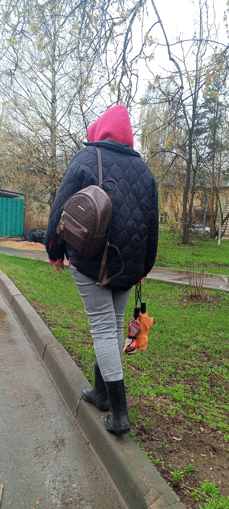 A person stands with their back to the camera, wearing a pink hooded sweatshirt under a black quilted jacket, gray jeans, and black rubber boots. They have a brown backpack and are holding two closed umbrellas. They are standing on a curb next to a grassy area. In the background, there are trees without leaves, a green building, and a light-colored building further away. The location is the city of Dmitrov, Russia. The scene appears to be outdoors, possibly on a cloudy or overcast day.
