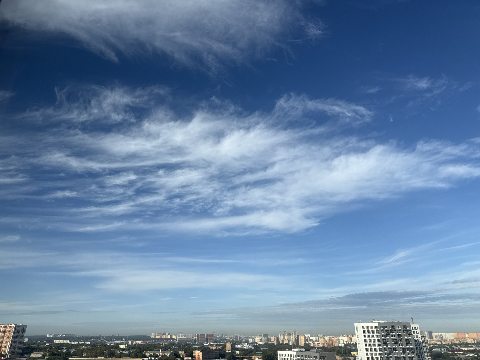 The image shows a wide-angle view of the sky and a cityscape. The sky is a vibrant blue with scattered cirrus clouds, appearing wispy and elongated, suggesting a high altitude. These clouds are dynamic and streaky, creating a sense of movement.
Below the sky is a hazy urban landscape, characteristic of Lyubertsy, Russia. The city is densely populated with numerous buildings of varying heights and architectural styles. On the left side of the frame, a tall residential building with a patterned facade is prominently visible. Towards the right, another modern apartment building with a grid-like window pattern stands out. In the distance, a cluster of buildings and construction cranes indicate ongoing development or a large industrial area. The overall atmosphere of the cityscape is softened by a light haze, which is common in urban environments and can be exacerbated by weather conditions or atmospheric pollution. The sunlight appears to be casting a gentle illumination, creating soft shadows. There are no visible people or vehicles in the image, focusing the viewer's attention on the architectural elements and the vast expanse of the sky.