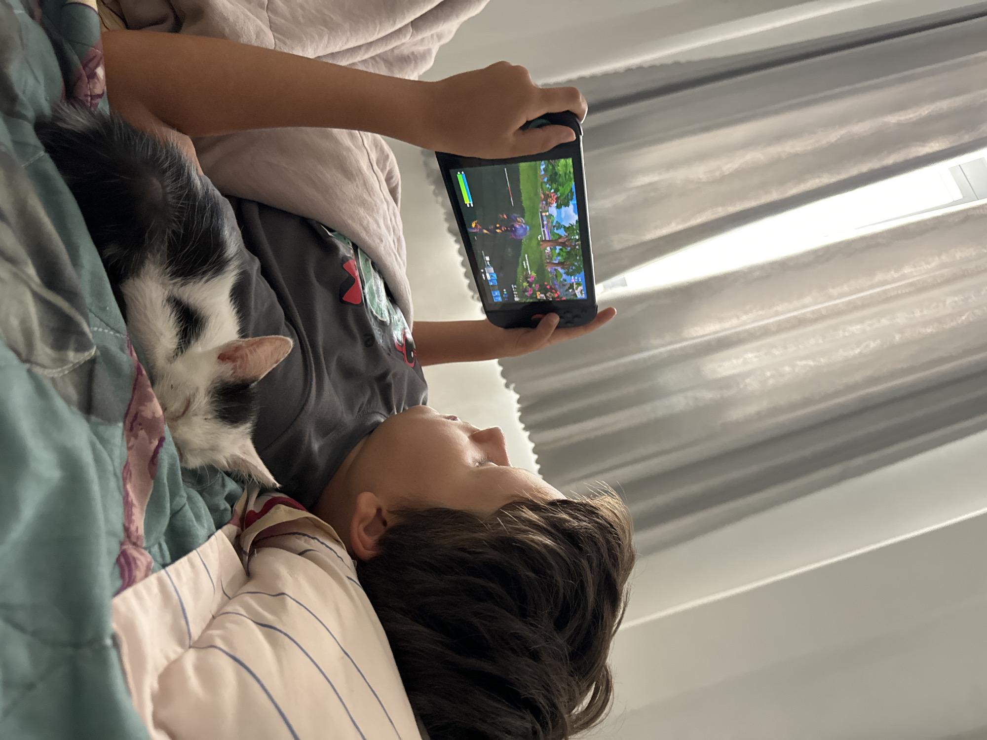 A young boy, lying on his back in bed, plays a video game on a handheld console. He is covered by a light pink blanket and a teal duvet with a floral pattern. To his left, a black and white kitten sleeps on his chest, nestled under the blanket. The boy's face is partially visible, looking towards the console. Behind him, grey curtains are drawn across a window, letting in bright light. The bed is adorned with pillows, one of which has blue stripes. The scene appears to be indoors, likely a bedroom.