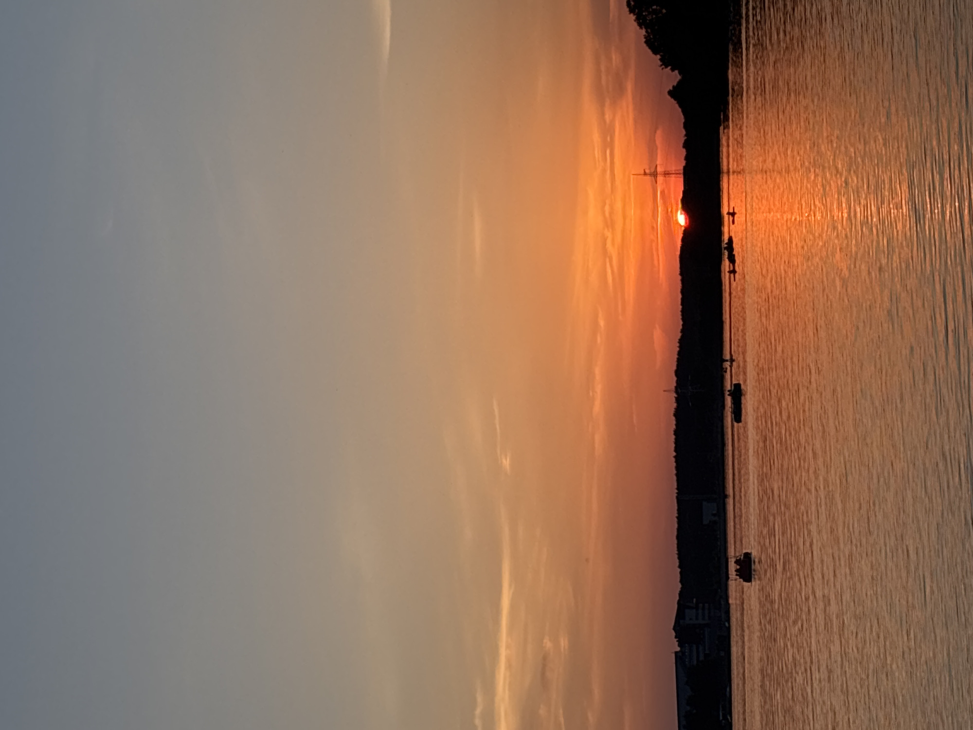 This media file depicts a tranquil sunset over a body of water. The sun, a glowing orange orb, is partially obscured by a dark, silhouetted treeline on the horizon, casting a warm, golden light across the scene. Wispy clouds are scattered across the sky, tinged with hues of orange and pink, indicating the twilight hour.
The water is calm, with gentle ripples reflecting the sunset's colors. Several boats are visible on the water, some appearing to be moored and others potentially underway. The silhouettes of the boats and the treeline suggest a natural, possibly coastal or lakeside, setting. A faint outline of buildings can be seen along the shoreline, hinting at a nearby settlement.
The overall mood is peaceful and serene, evoking a sense of calm and the beauty of nature's daily cycle. The lighting and colors suggest the late evening, just as the day transitions into night. There is no visible text in the image.