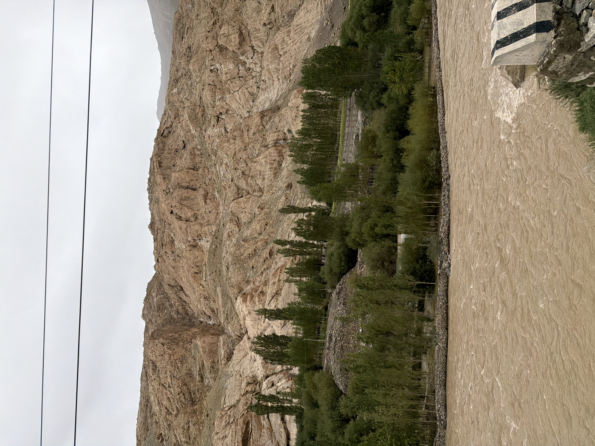 In Kungyamdo, India, a wide, muddy river flows rapidly through a mountainous landscape under a cloudy sky. On the left bank of the river, a line of stone gabions supports a dense growth of green trees and vegetation. Behind the trees, a rocky, tan-colored mountain rises steeply, showing signs of erosion and textured surfaces. Two thin, dark wires are stretched across the top of the frame, indicating the presence of power lines. In the foreground, a concrete barrier with black stripes is visible on the right side of the frame, partially submerged in the river.